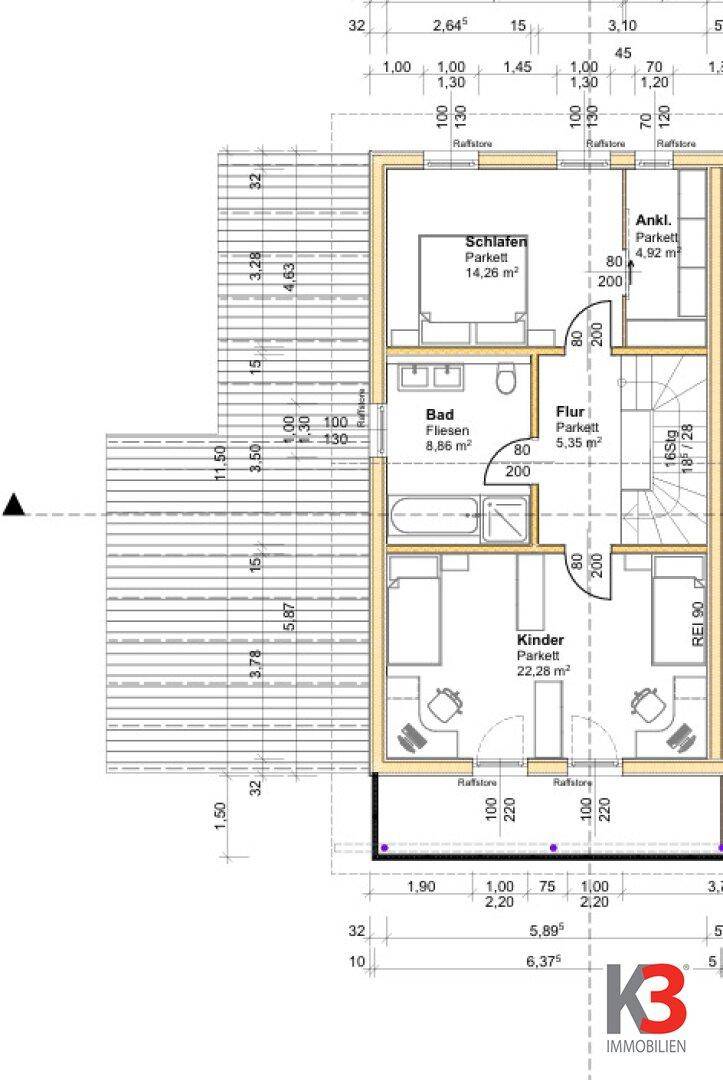 Grundriss des Obergeschosses mit Schlafzimmern, Bad und Ankleidezimmer.