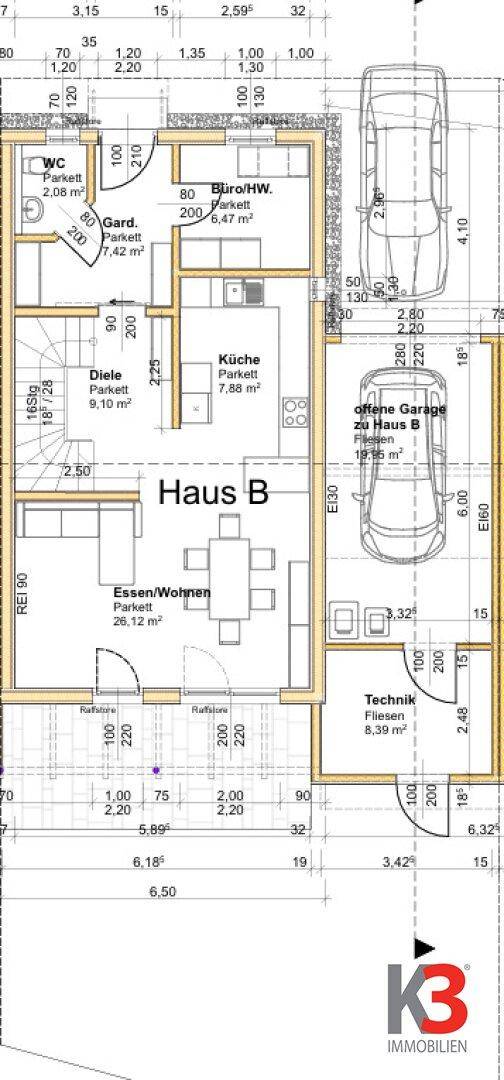 Grundriss Erdgeschoss Haus B mit Wohn-Essbereich, Küche und offener Garage.