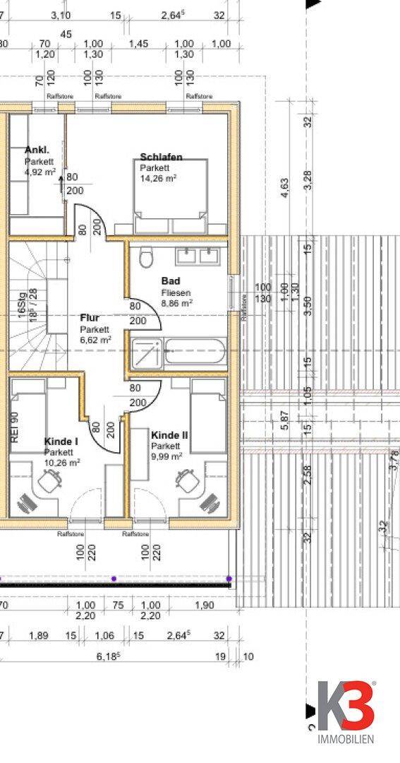 Grundriss des Obergeschosses von Haus B mit drei Schlafzimmern und einem Badezimmer.