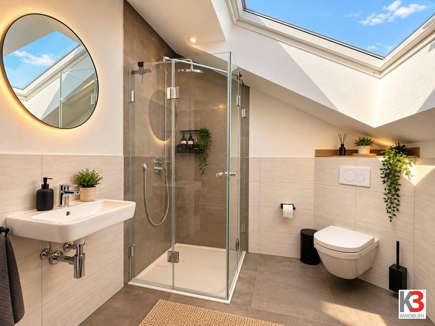 Modernes Badezimmer im Dachgeschoss mit Dusche, WC und beleuchtetem Spiegel.