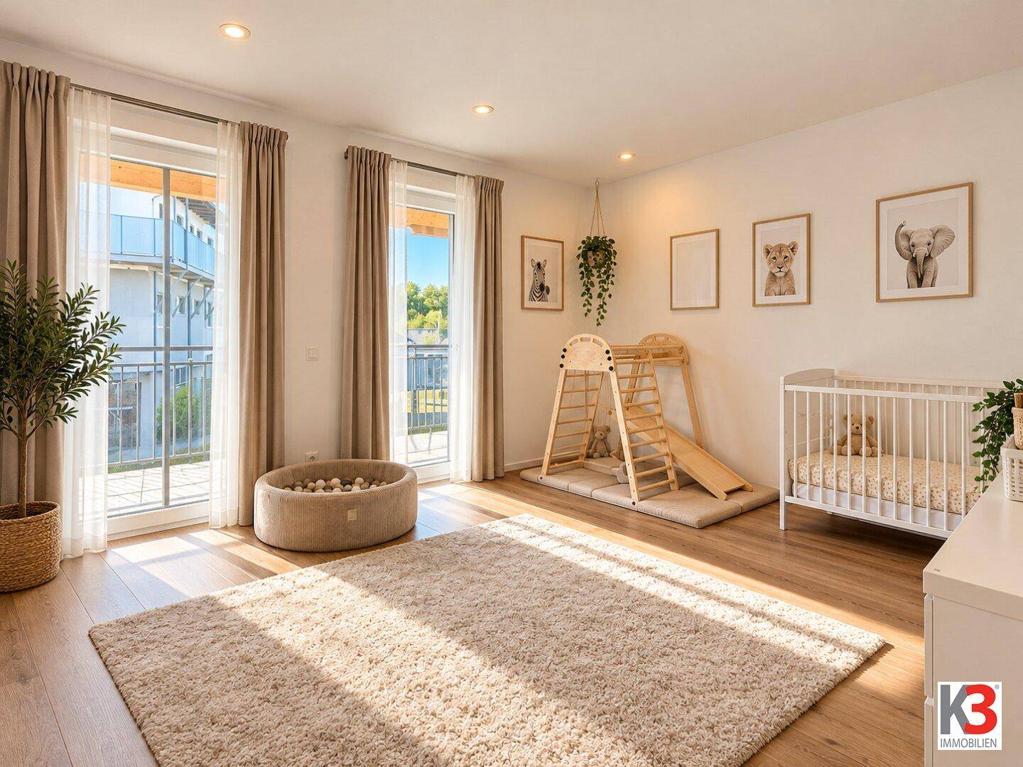 Helles Kinderzimmer mit Holzboden, Spielbereich und Zugang zum Balkon.