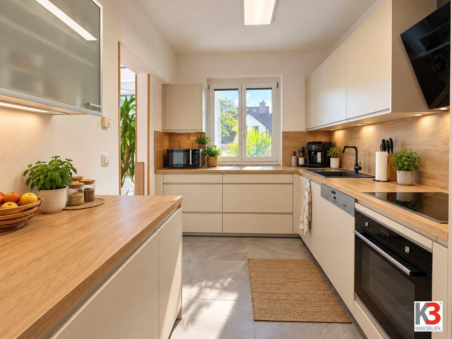 Moderne Küche mit beigen Schränken, Holzoptik-Arbeitsplatten und integrierten Geräten, mit Blick ins Grüne.