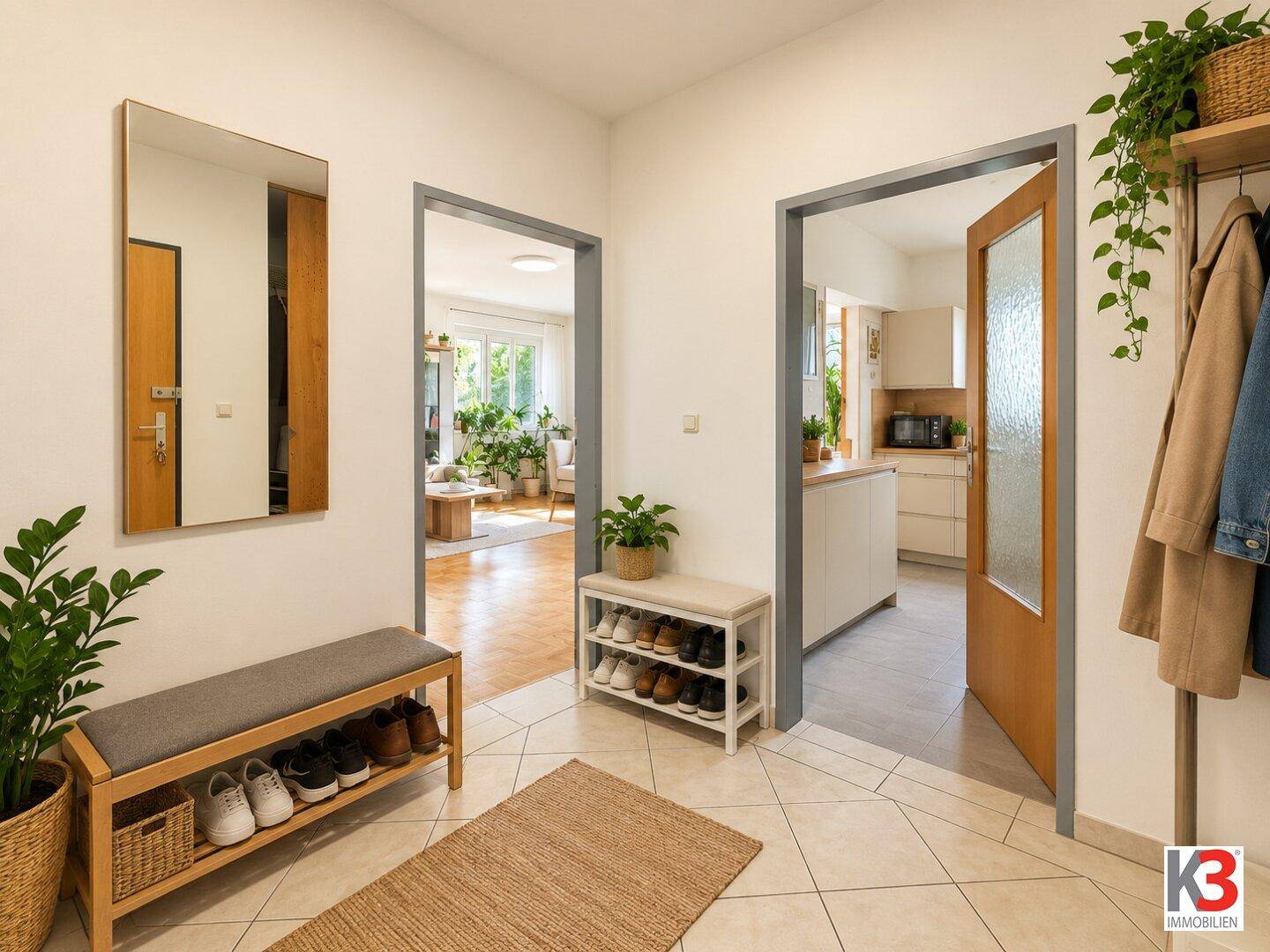 Heller Eingangsbereich mit Fliesenboden, Schuhregal und Garderobe, der zu Wohnzimmer und Küche führt.