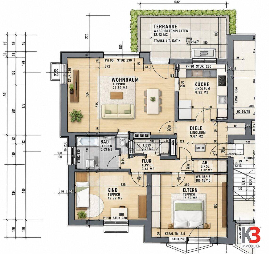 Detaillierter Grundriss einer Wohnung mit Wohnzimmer, Küche, zwei Schlafzimmern und großer Terrasse.