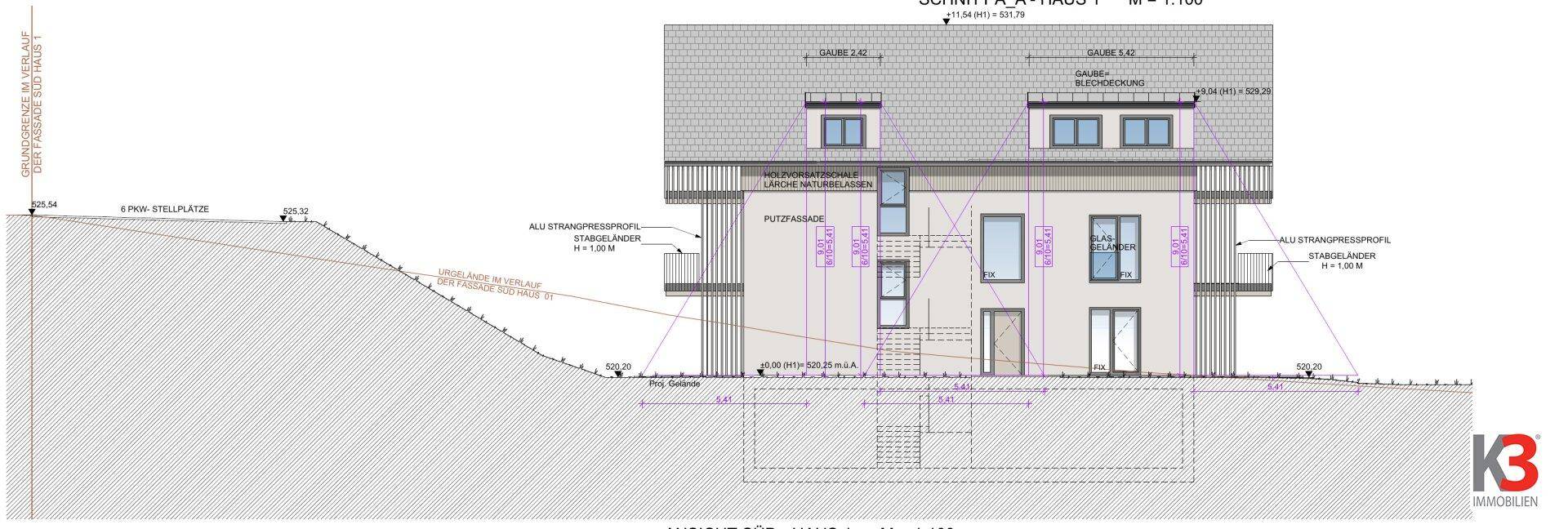 Architektonischer Schnittplan eines Gebäudes mit mehreren Etagen, Balkonen und Kellergeschoss.