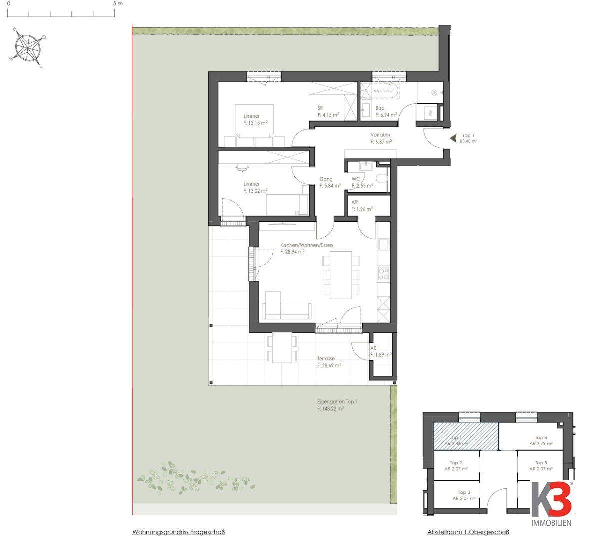 Grundriss einer Erdgeschosswohnung mit drei Zimmern, offener Küche, Terrasse und eigenem Garten.