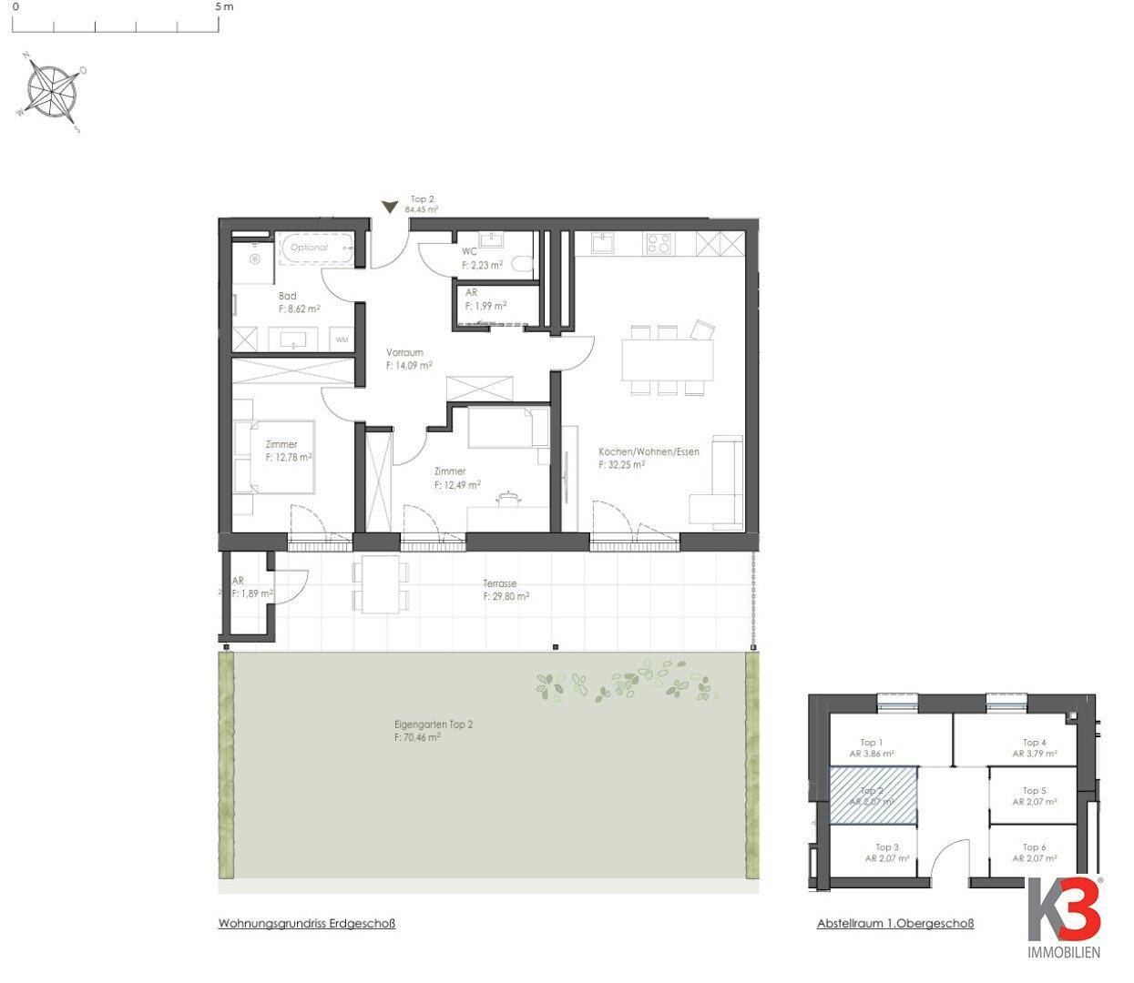 Grundriss einer Erdgeschosswohnung mit zwei Zimmern, offener Küche, Terrasse und eigenem Garten.