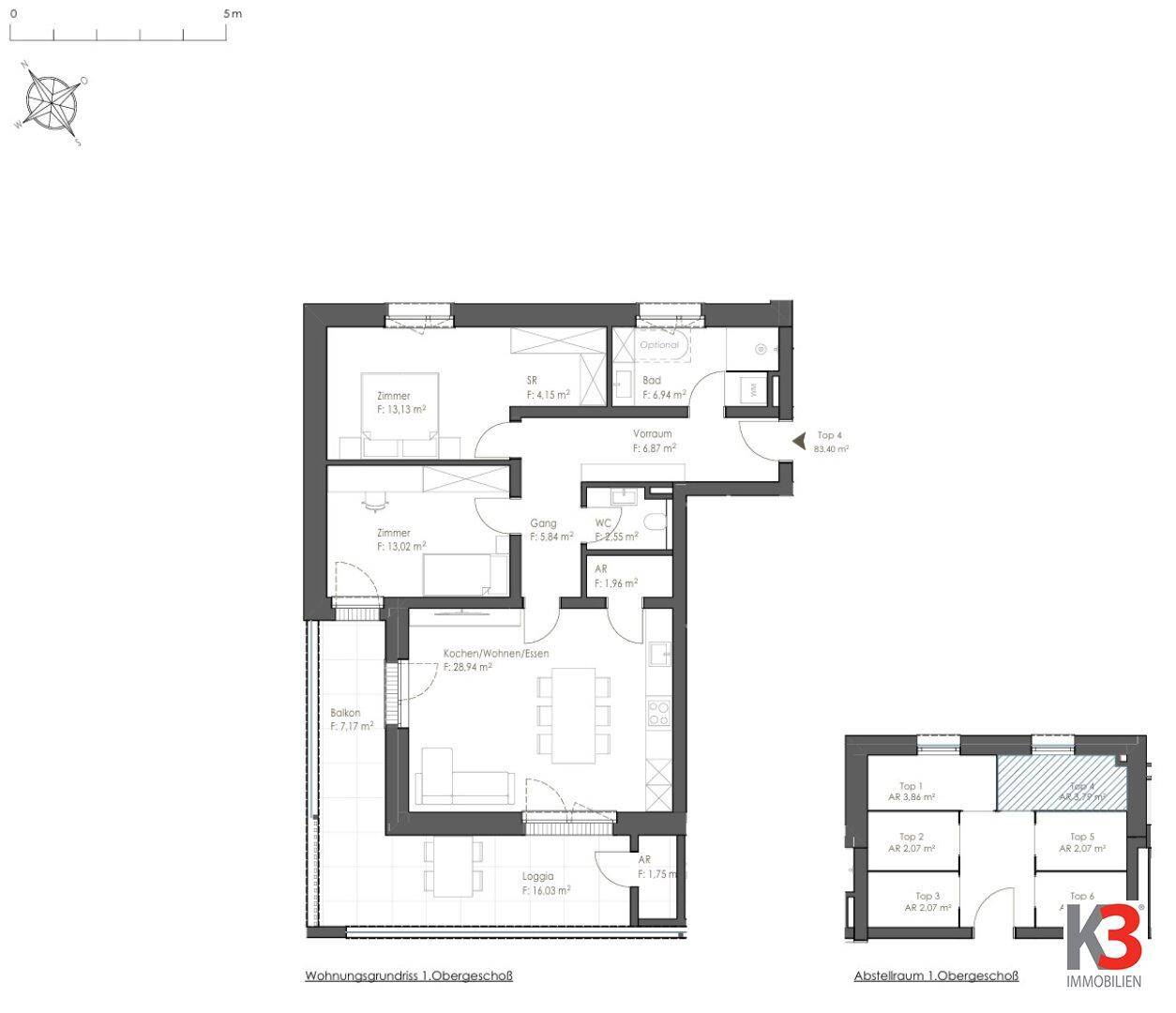 Grundriss einer Obergeschosswohnung mit zwei Zimmern, offener Küche, Balkon und Loggia.