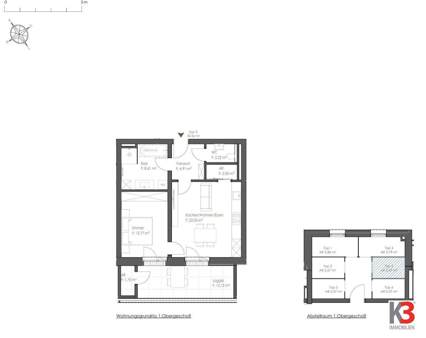 Grundriss einer Obergeschosswohnung mit einem Zimmer, offener Küche und Loggia.