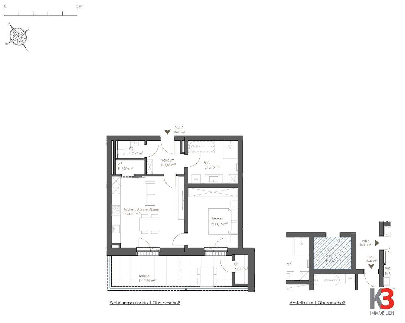 Grundriss einer Obergeschosswohnung mit einem Zimmer, offener Küche und Balkon.