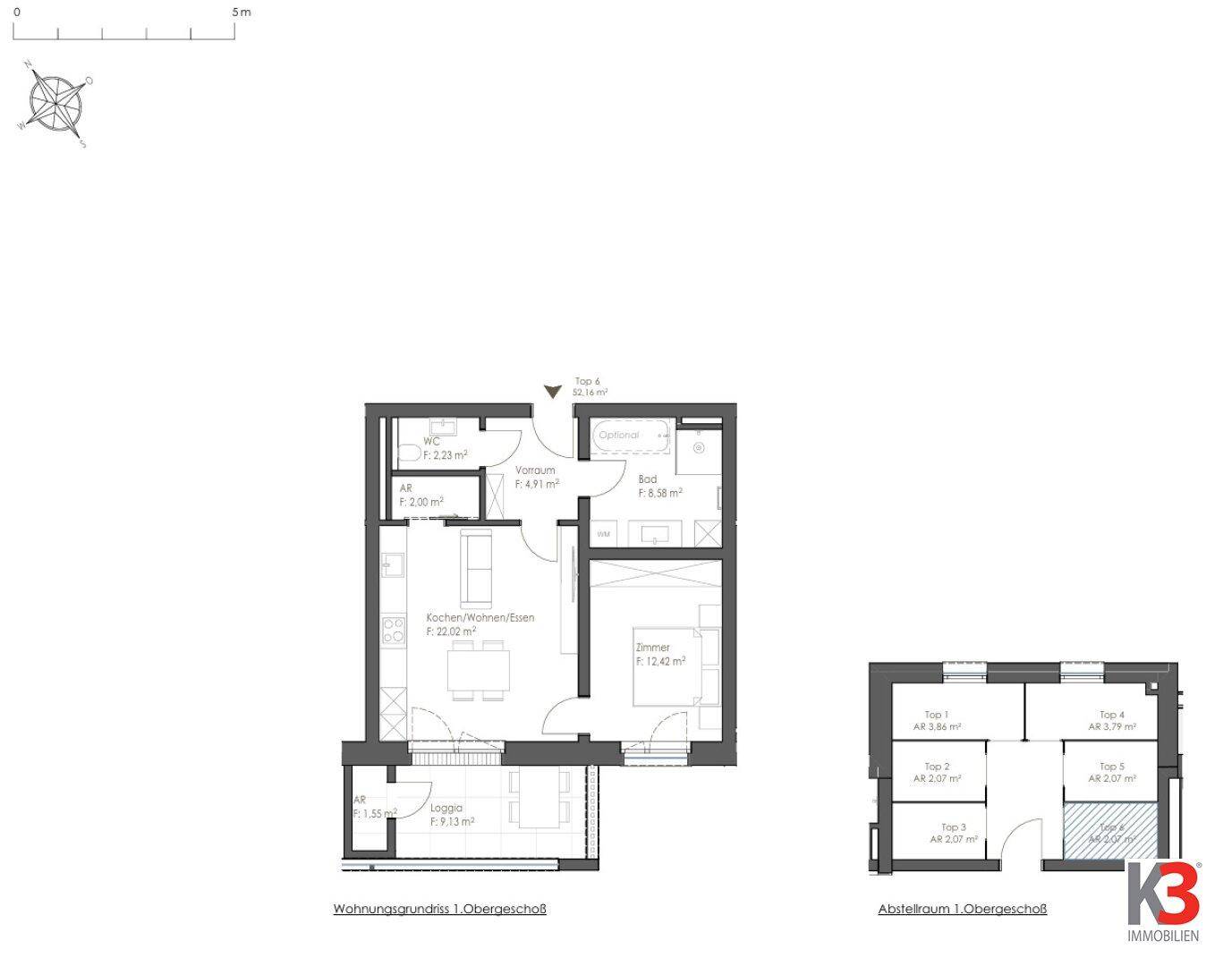 Grundriss einer Obergeschosswohnung mit einem Zimmer, offener Küche und Loggia.