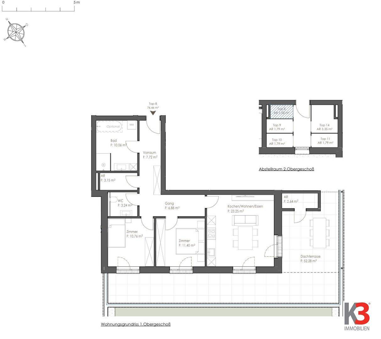 Grundriss einer Obergeschosswohnung mit zwei Zimmern, offener Küche, Dachterrasse und Abstellraum.