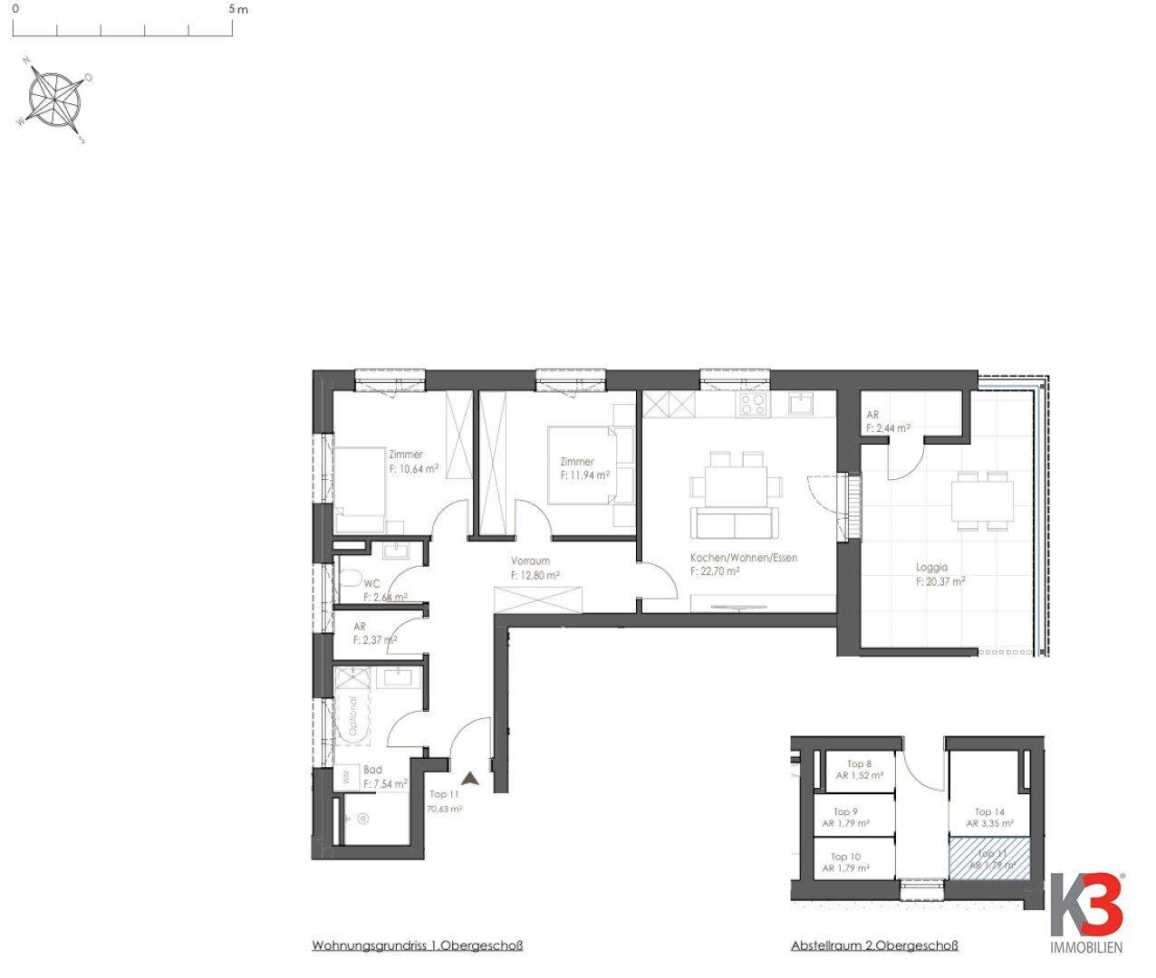 Grundriss einer Obergeschosswohnung mit zwei Zimmern, offener Küche und Loggia.