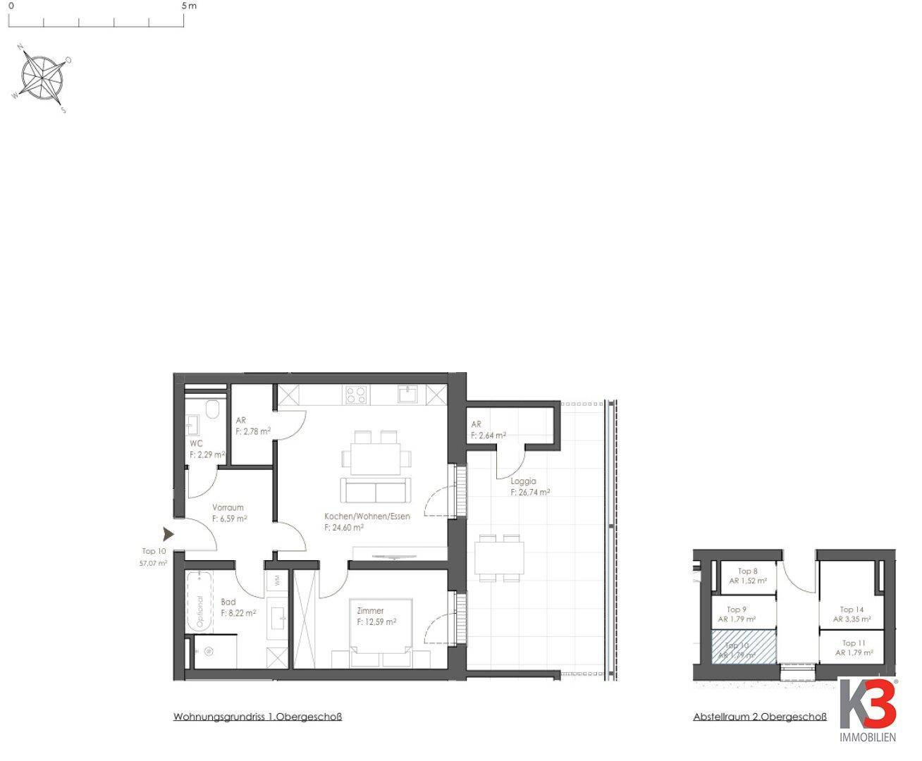 Grundriss einer Obergeschosswohnung mit einem Zimmer, offener Küche und Loggia.