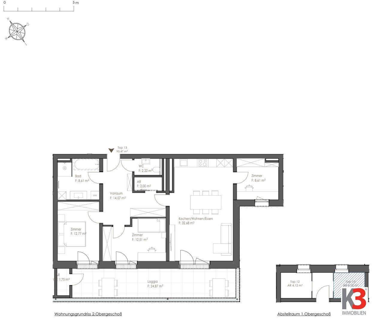 Grundriss einer Obergeschosswohnung mit zwei Zimmern, offener Küche und Loggia.