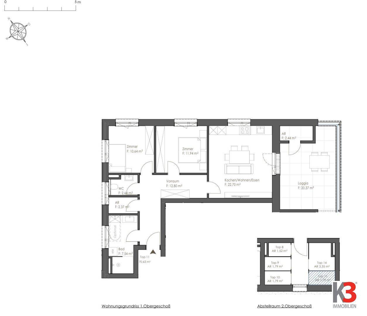 Grundriss einer Obergeschosswohnung mit zwei Zimmern, offener Küche und Loggia.