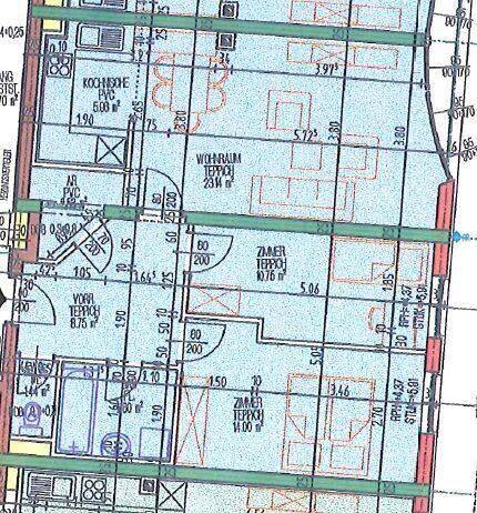 Detaillierter Grundriss einer Wohnung mit Wohnraum, Küche und zwei Zimmern.