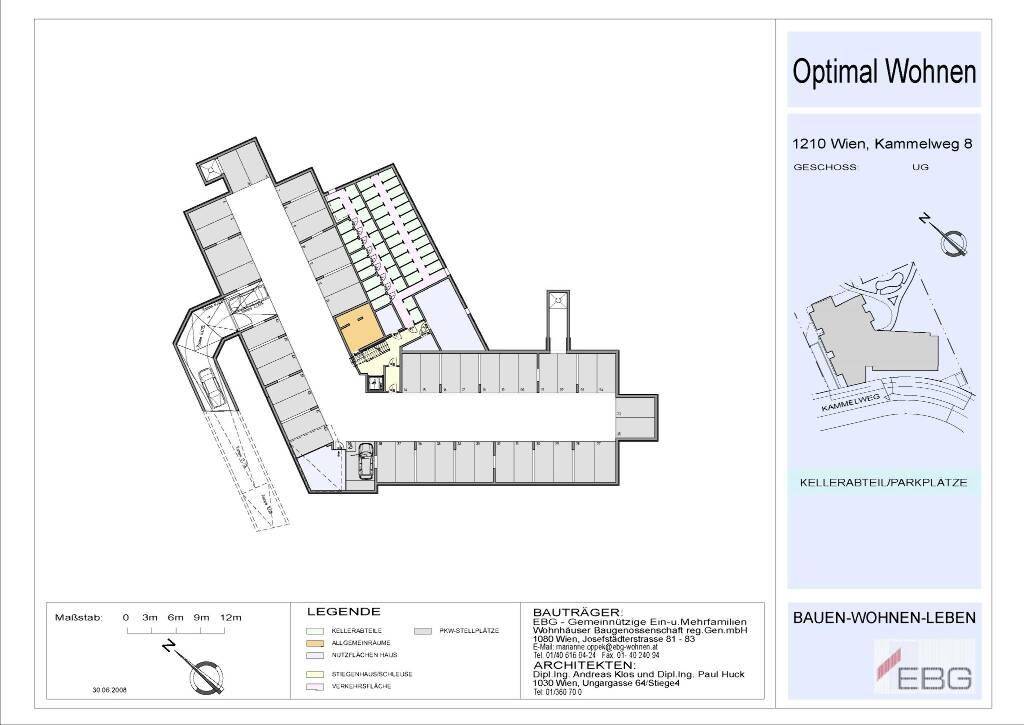 Grundrissplan des Untergeschosses mit Kellerabteilen und Parkplätzen für Bewohner.