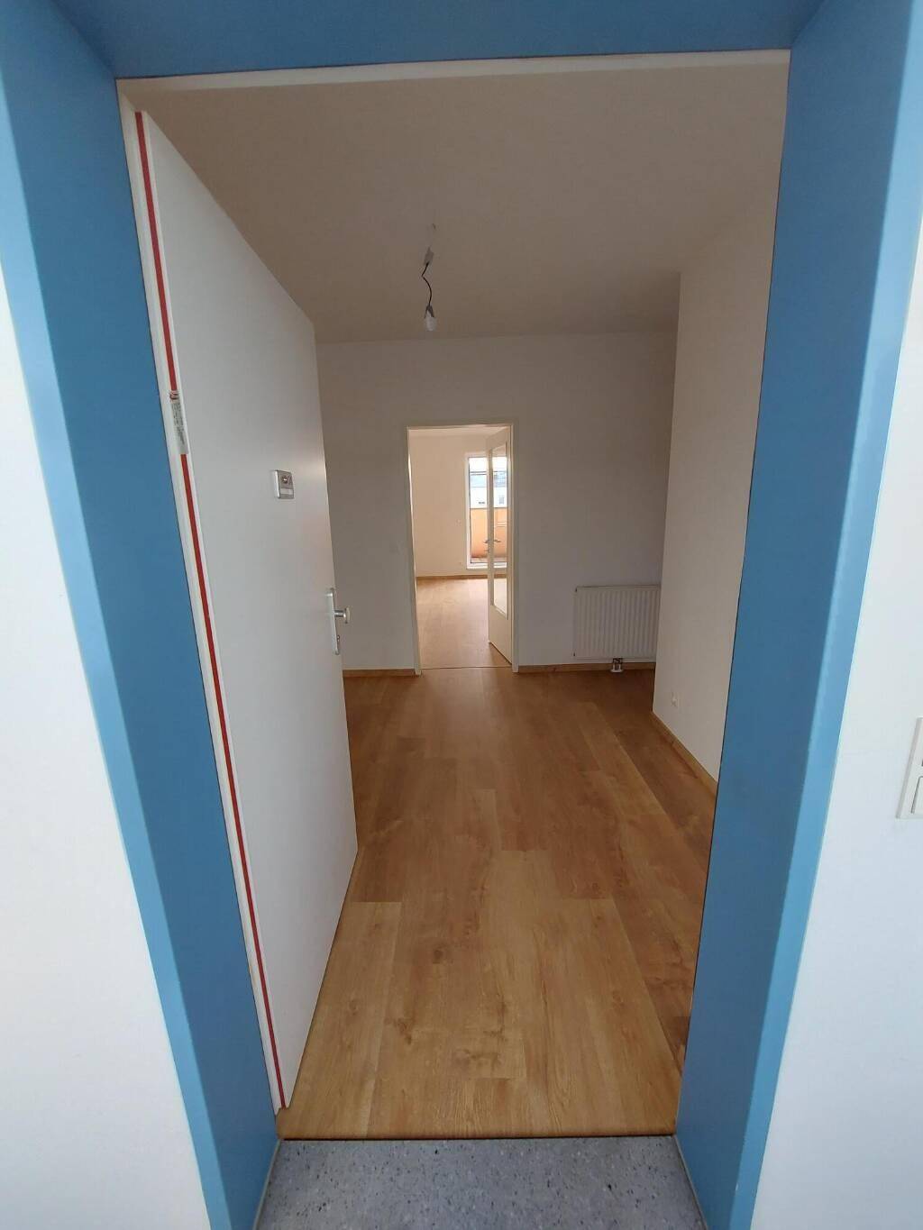 Blick vom Eingang in einen hellen Flur mit Laminatboden und weißen Wänden, der zu weiteren Räumen führt.