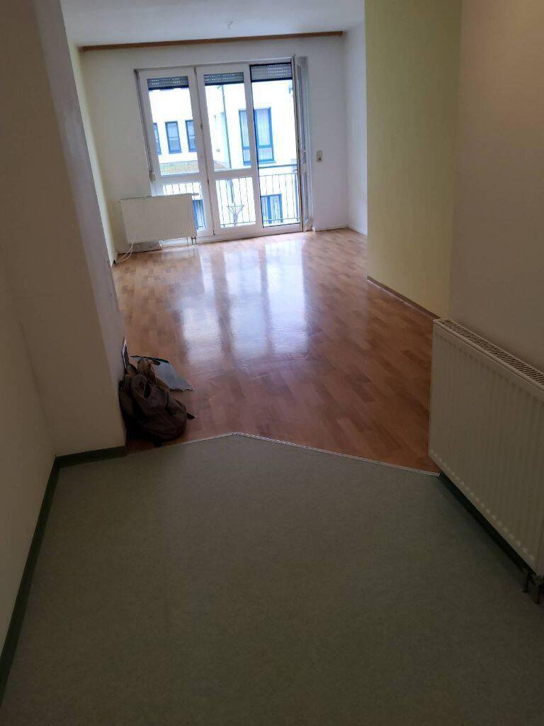 Heller Wohnraum mit Parkettboden und Teppichbereich, Zugang zu einem französischen Balkon.