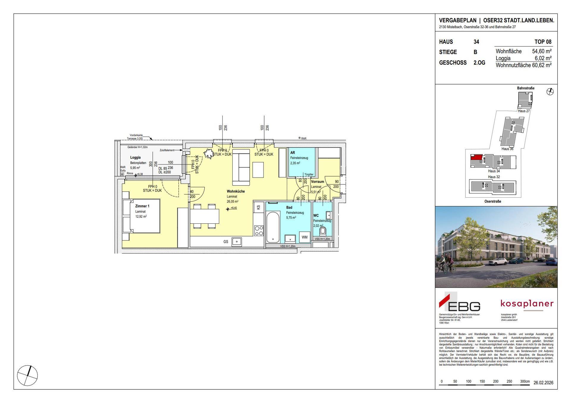 Grundriss einer Wohnung mit offenem Wohnbereich, Schlafzimmer, Bad und Loggia.