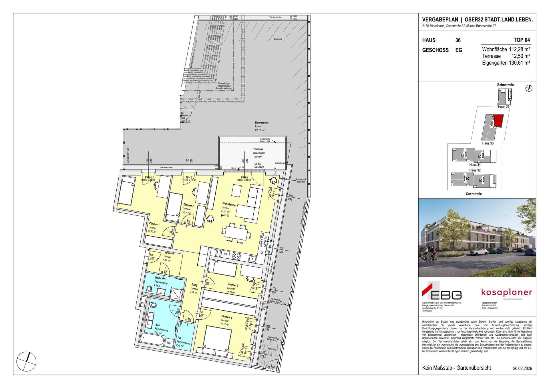 Grundriss einer Erdgeschosswohnung mit offener Wohnküche, Terrasse und eigenem Gartenbereich.