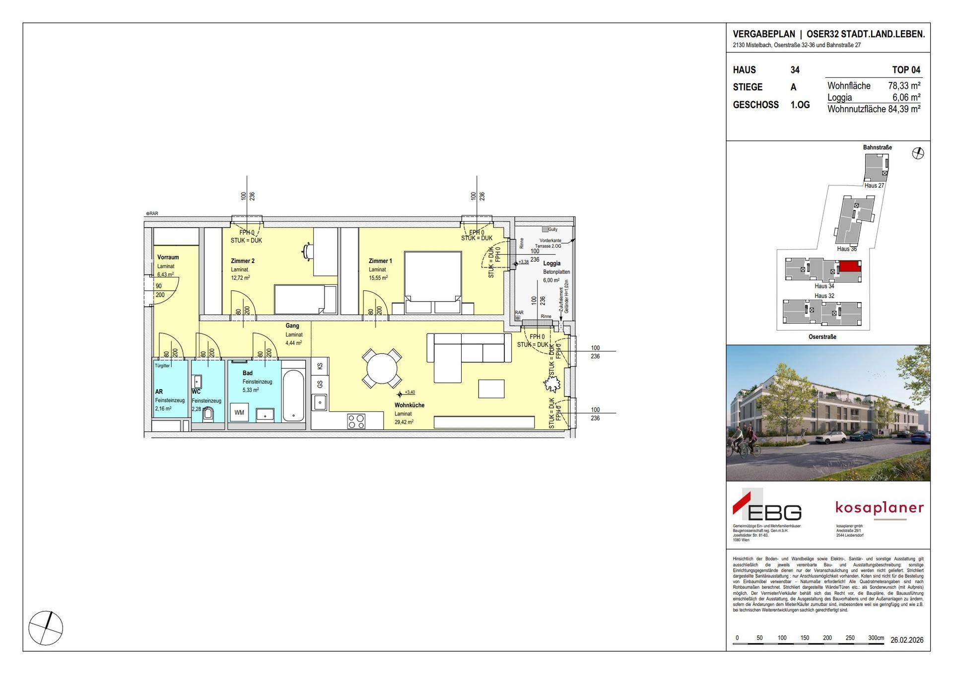 Grundriss einer Wohnung mit offener Wohnküche, zwei Schlafzimmern, Bad, WC und Loggia.