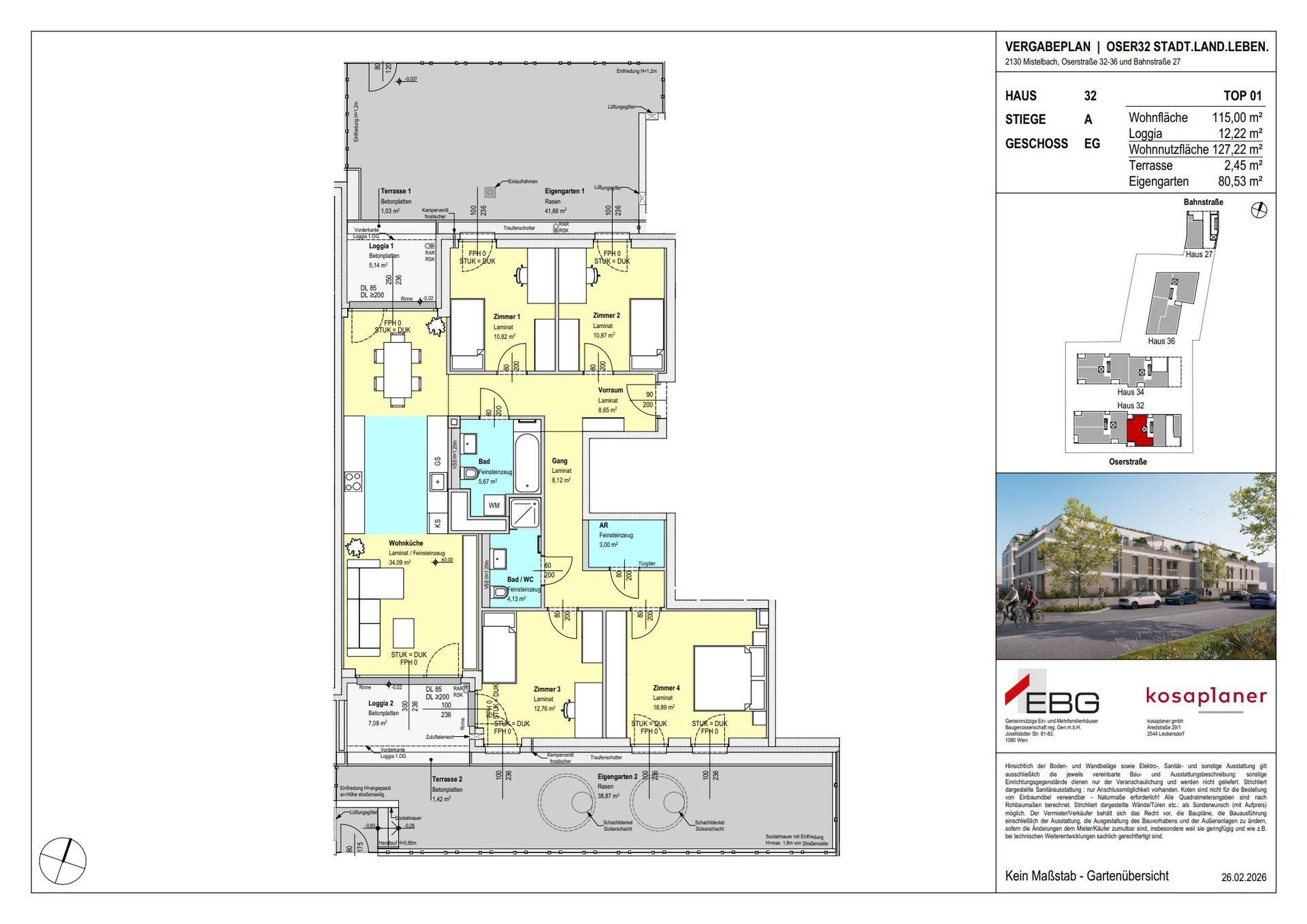 Grundriss einer Wohnung mit mehreren Zimmern, Bädern, Loggia, Terrassen und eigenem Gartenbereich.