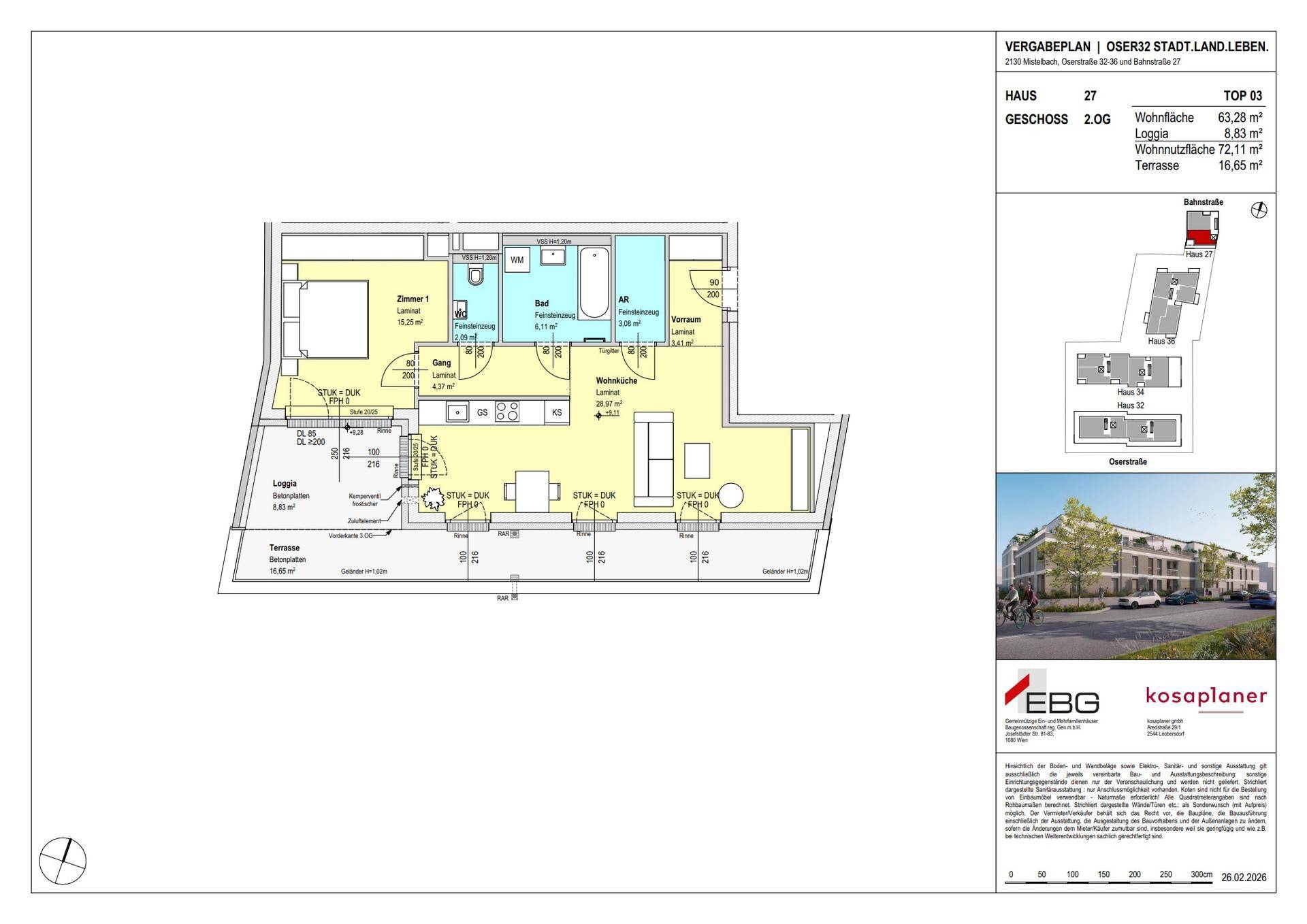Grundriss einer Wohnung mit offenem Wohnbereich, zwei Bädern, Loggia und Terrasse.