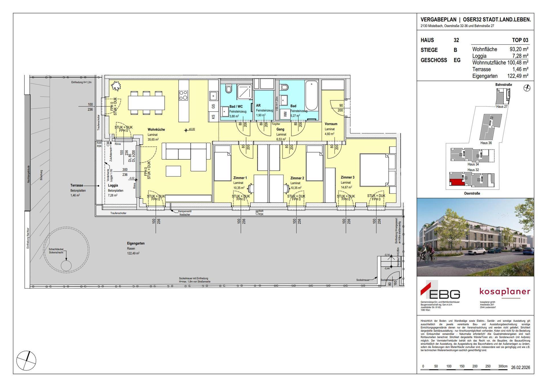 Detaillierter Grundriss einer Wohnung mit drei Schlafzimmern, Terrasse und Eigengarten.