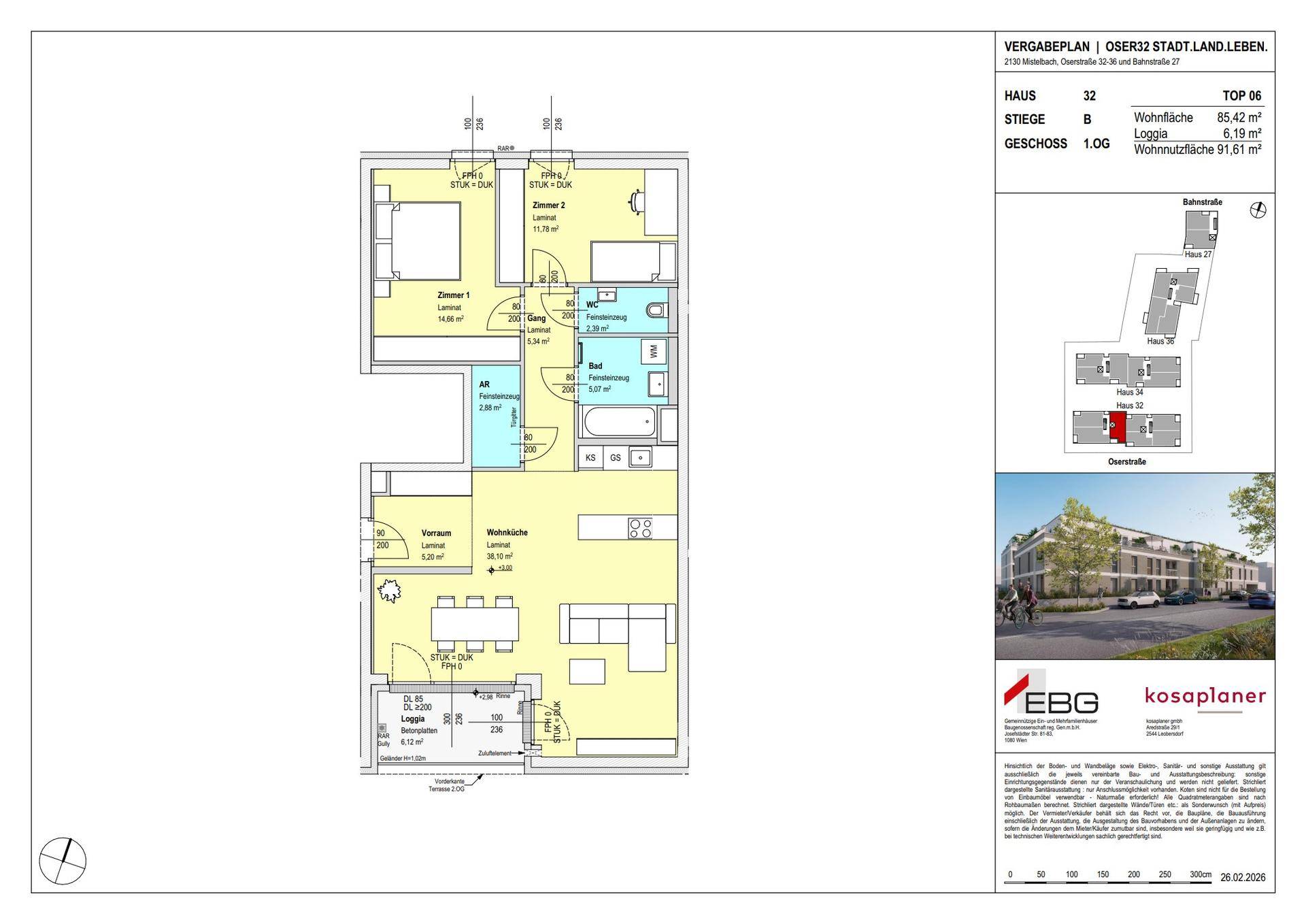 Detaillierter Grundriss einer Wohnung mit offenem Wohnbereich, zwei Schlafzimmern und Loggia.