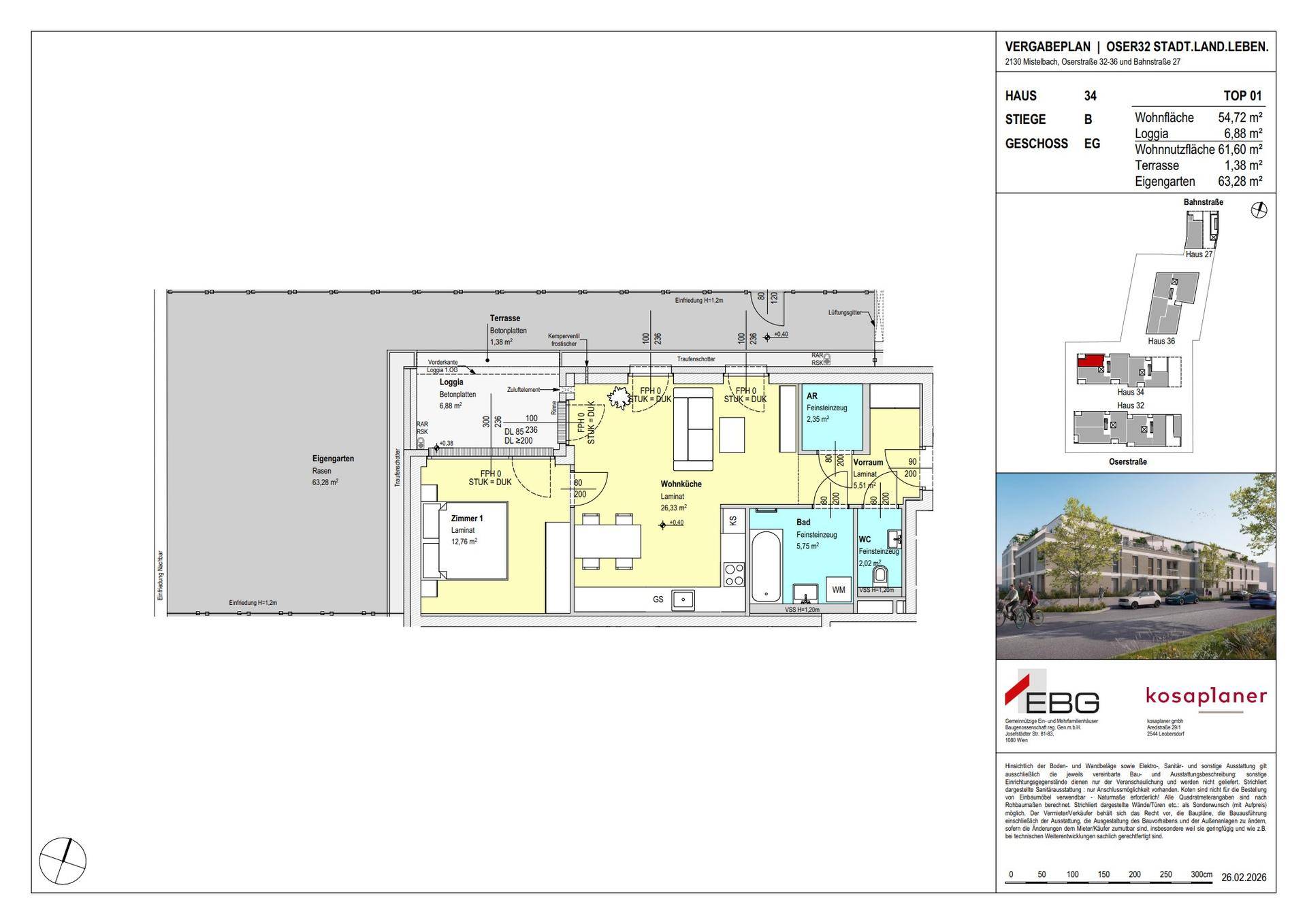 Detaillierter Grundriss einer Wohnung mit offener Wohnküche, Terrasse, Loggia und Eigengarten.
