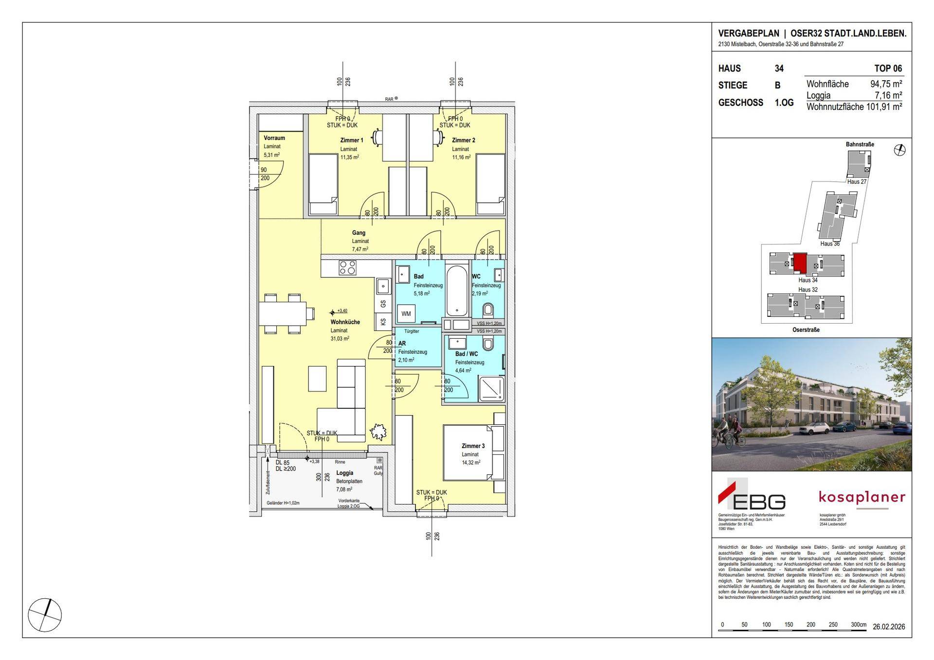 Detaillierter Grundriss einer Wohnung mit drei Schlafzimmern, offenem Wohnbereich, zwei Bädern und einer Loggia.