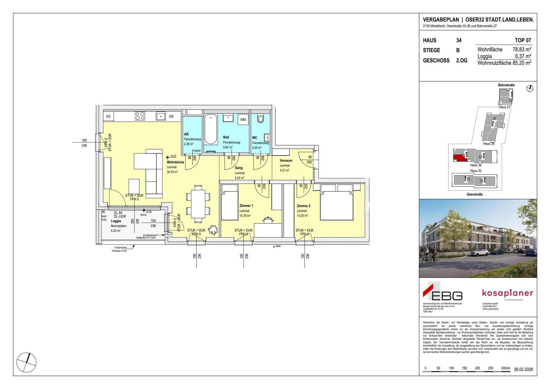 Grundriss einer Wohnung mit offenem Wohnbereich, zwei Schlafzimmern und einer Loggia.