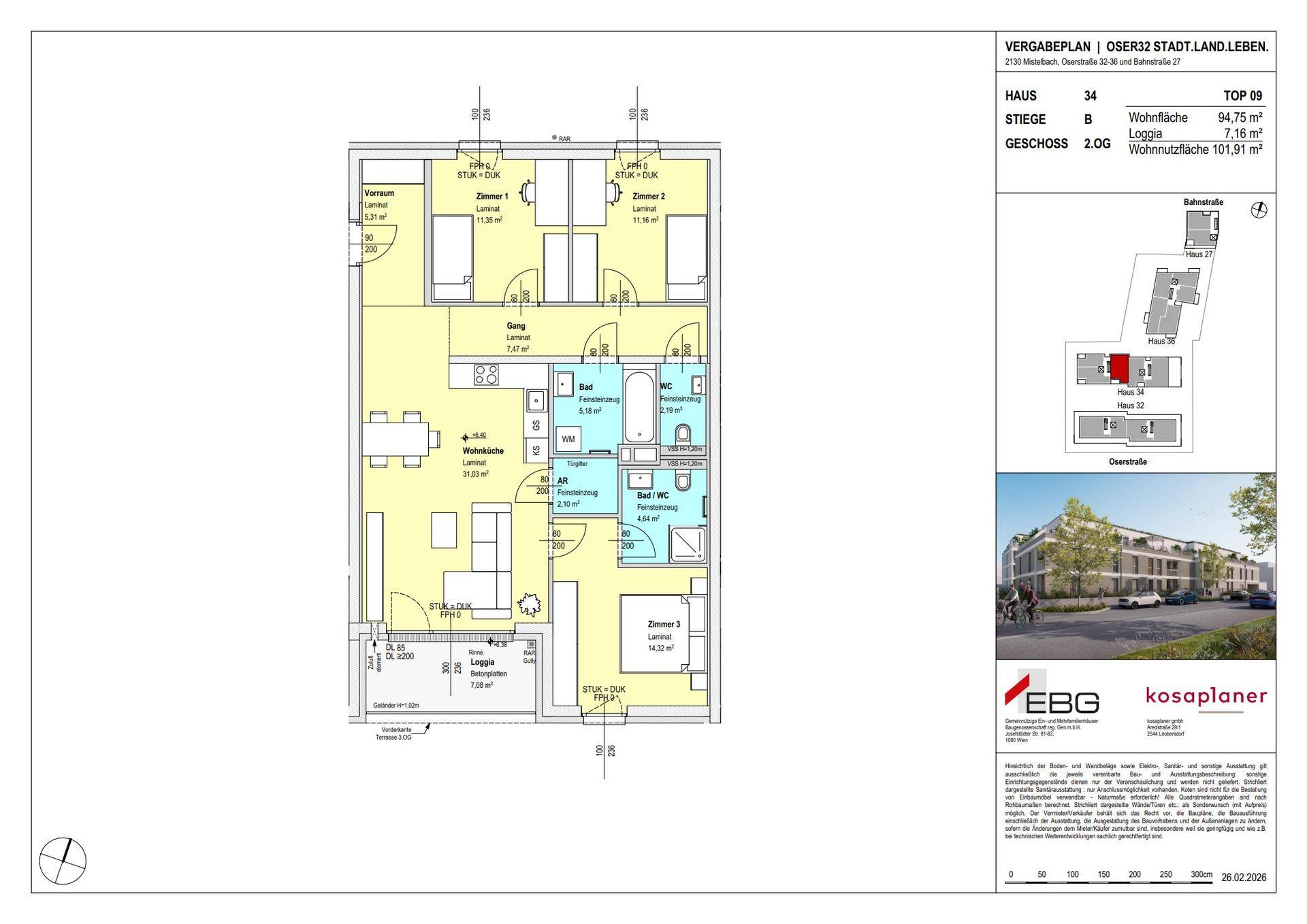 Detaillierter Grundriss einer Wohnung mit mehreren Zimmern, zwei Bädern und einer Loggia.