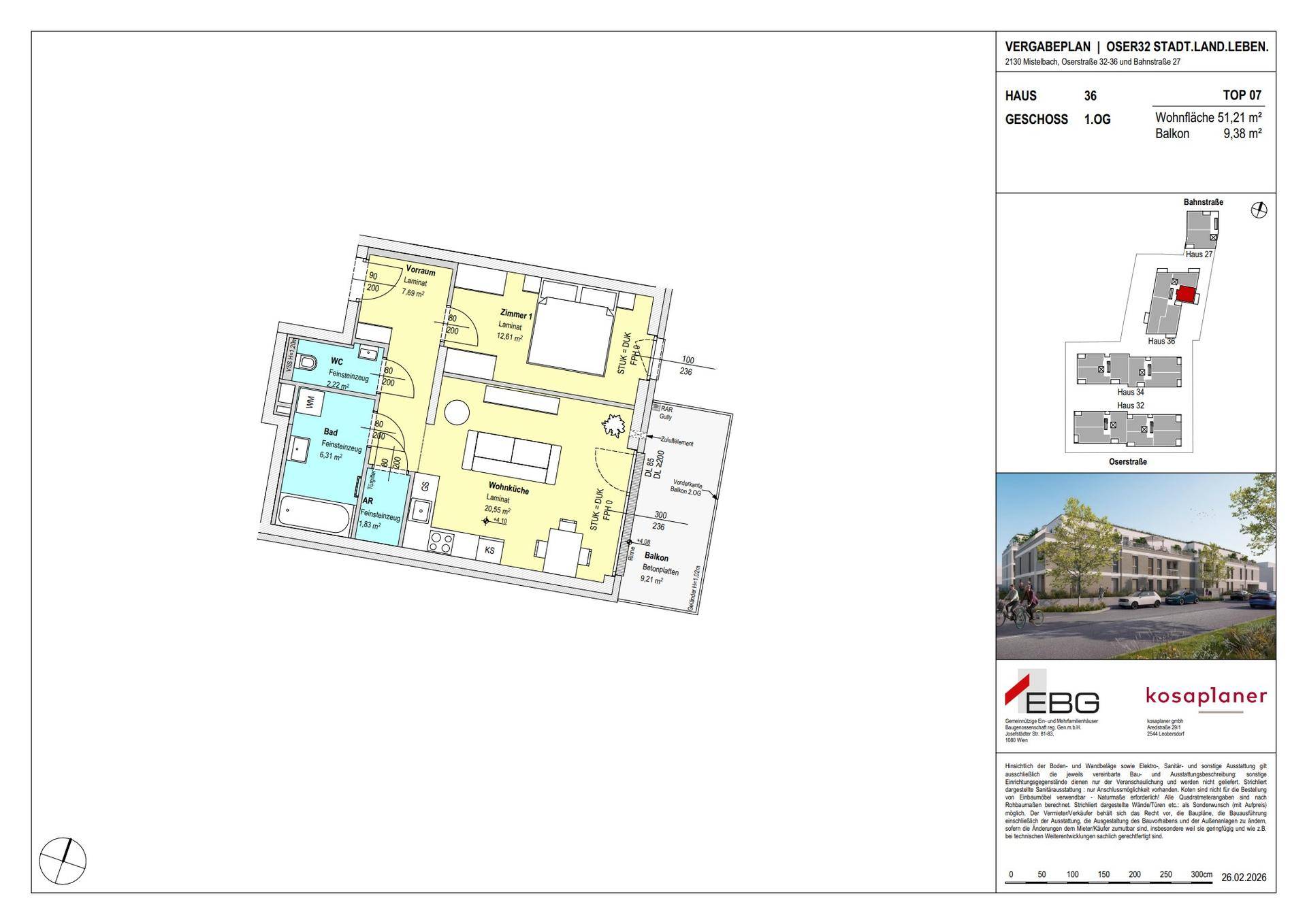 Detaillierter Grundriss einer Wohnung mit offener Wohnküche, zwei Bädern und einem Balkon.