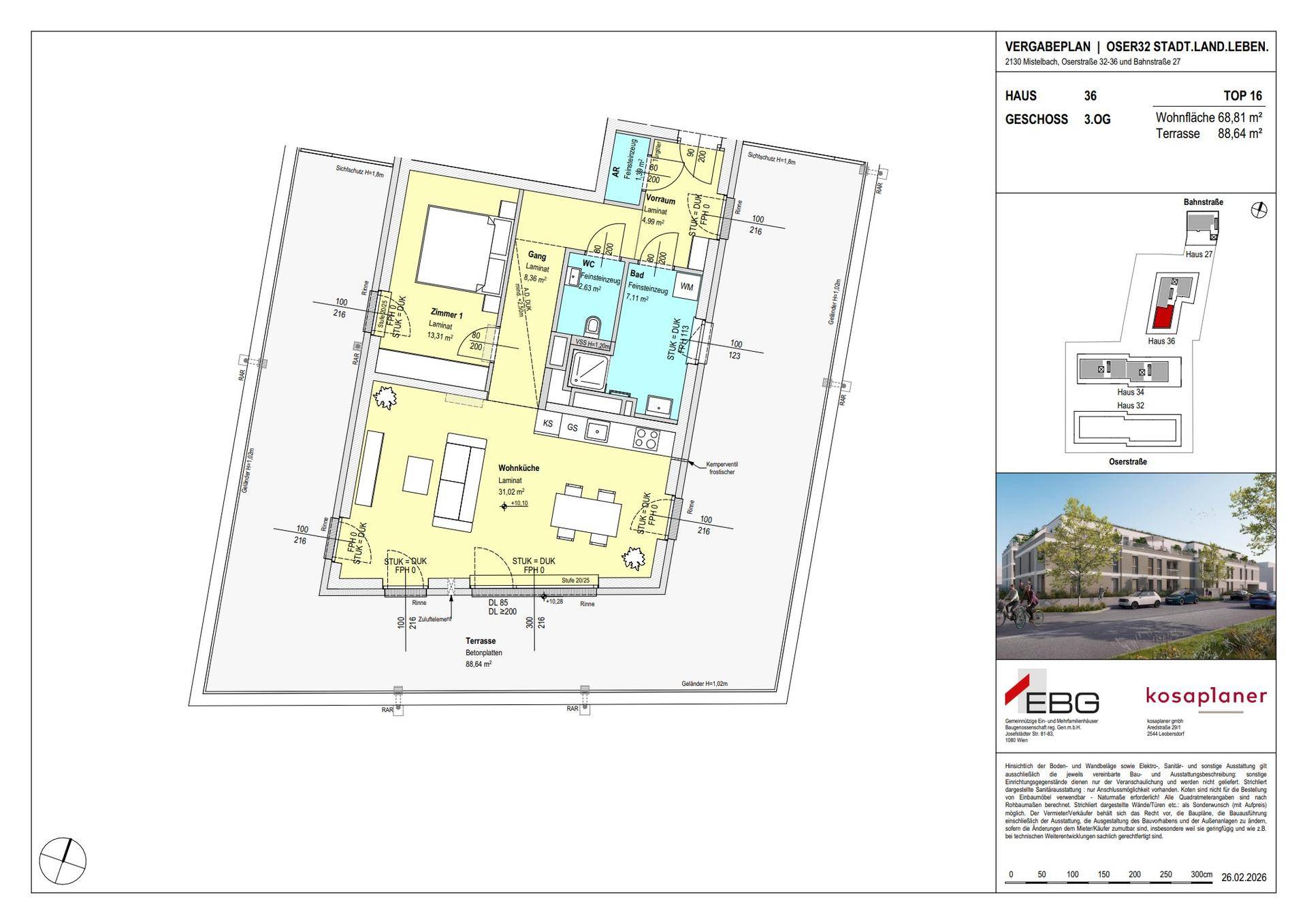 Grundriss einer Wohnung im 3. Obergeschoss mit Terrasse und offenem Wohnbereich.