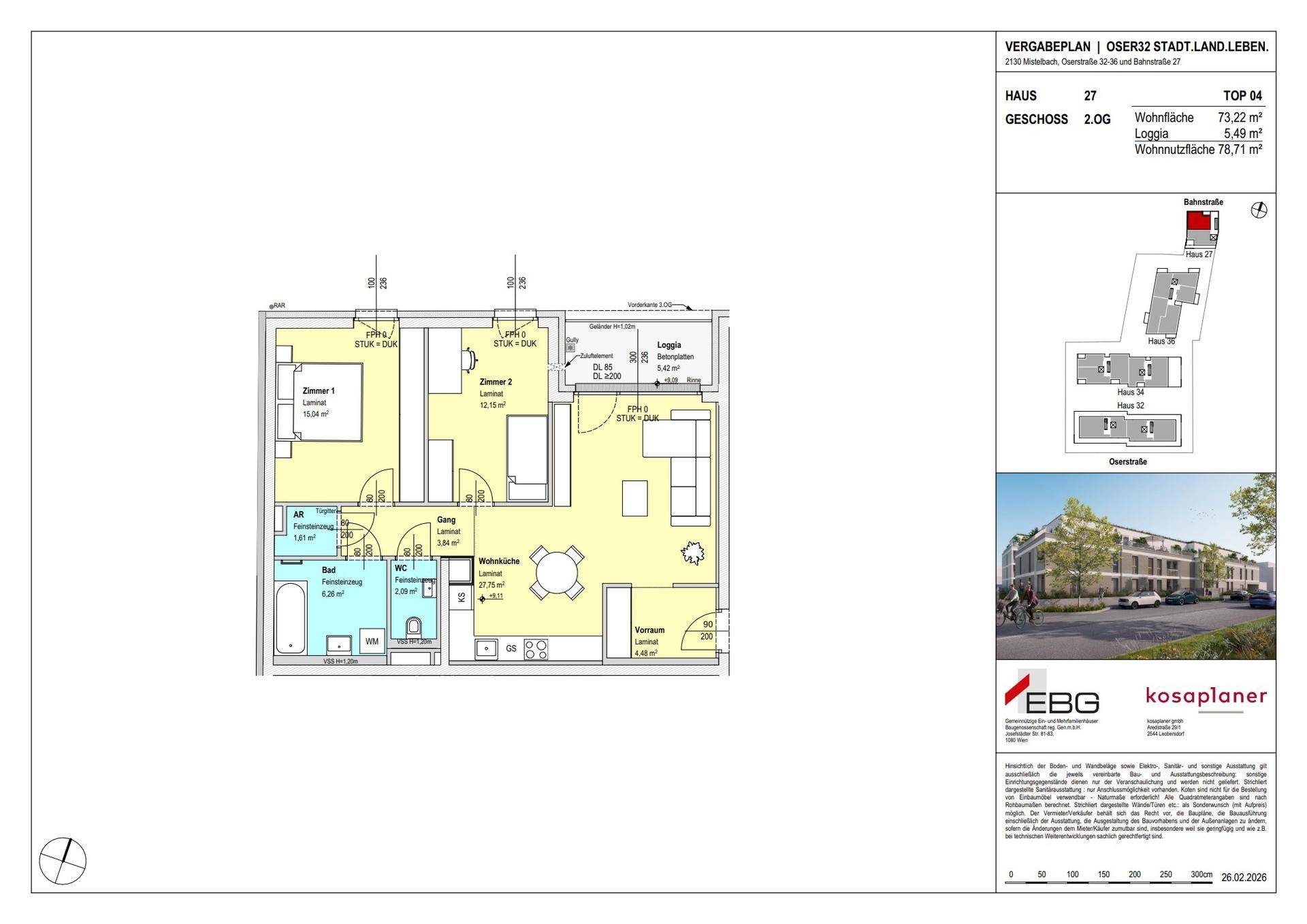 Grundriss einer Wohnung im zweiten Obergeschoss mit zwei Schlafzimmern, offener Wohnküche und Loggia.