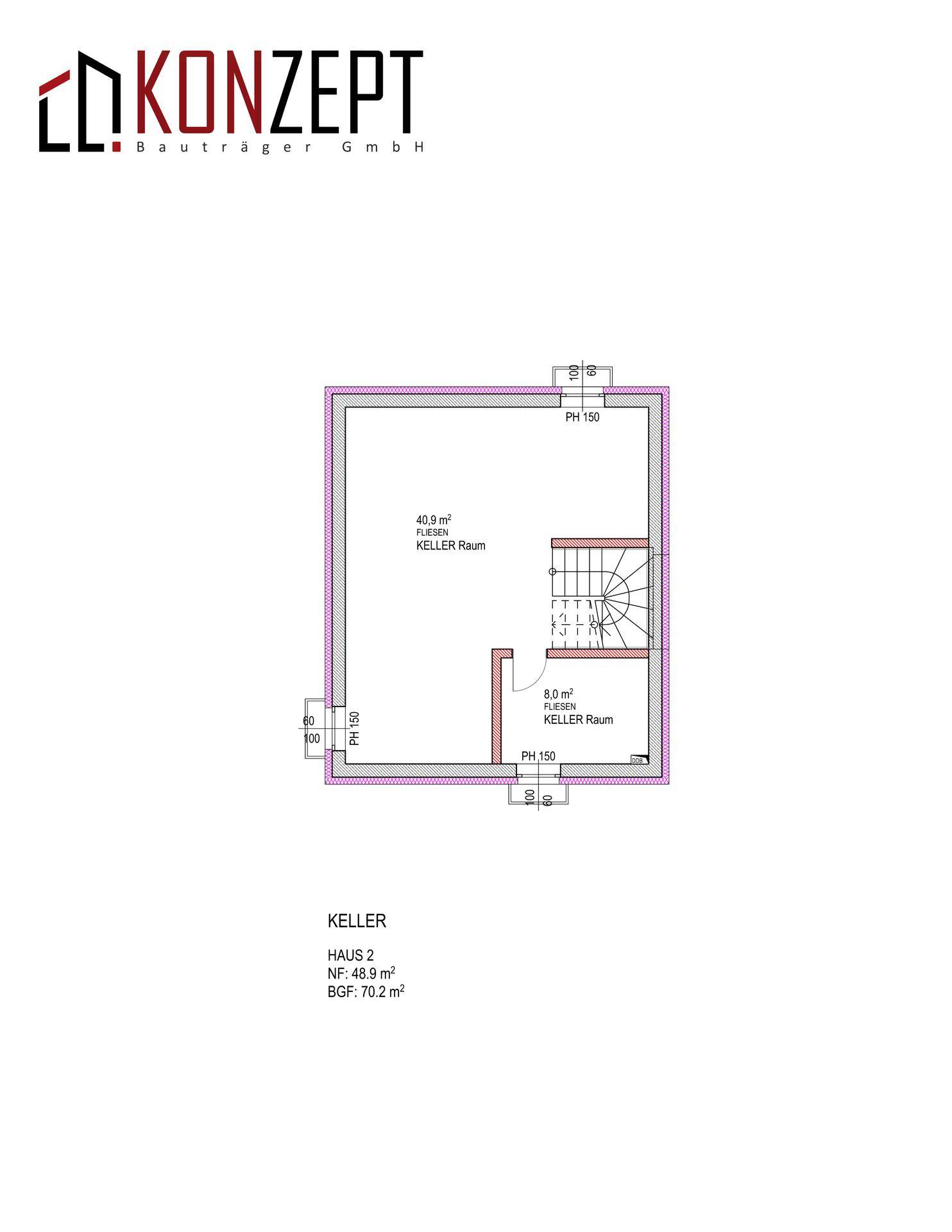Grundriss des Kellers von Haus 2 mit einem großen Kellerraum und Treppenzugang.