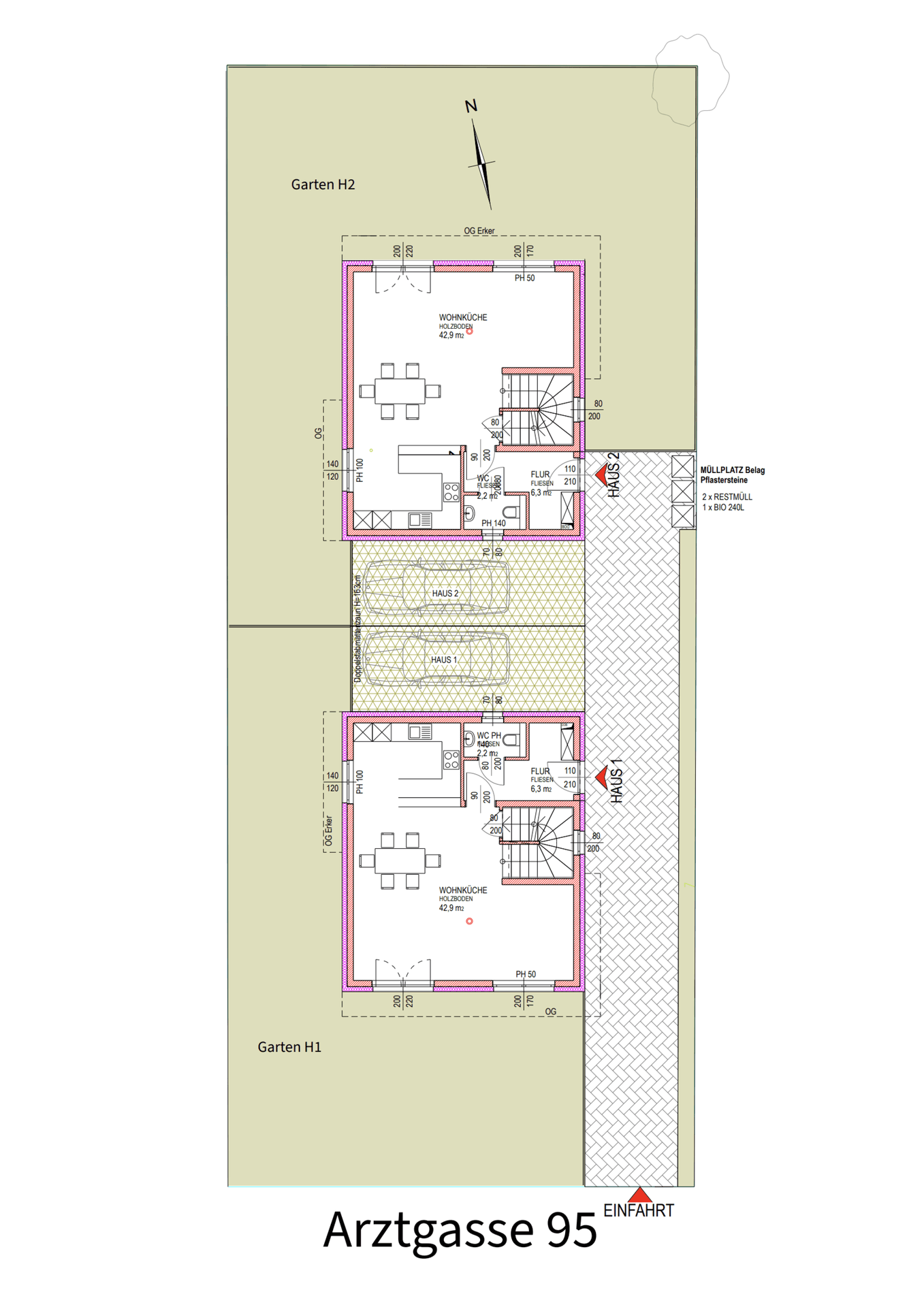 Grundriss des Erdgeschosses von zwei Reihenhäusern mit offener Wohnküche und Garten.