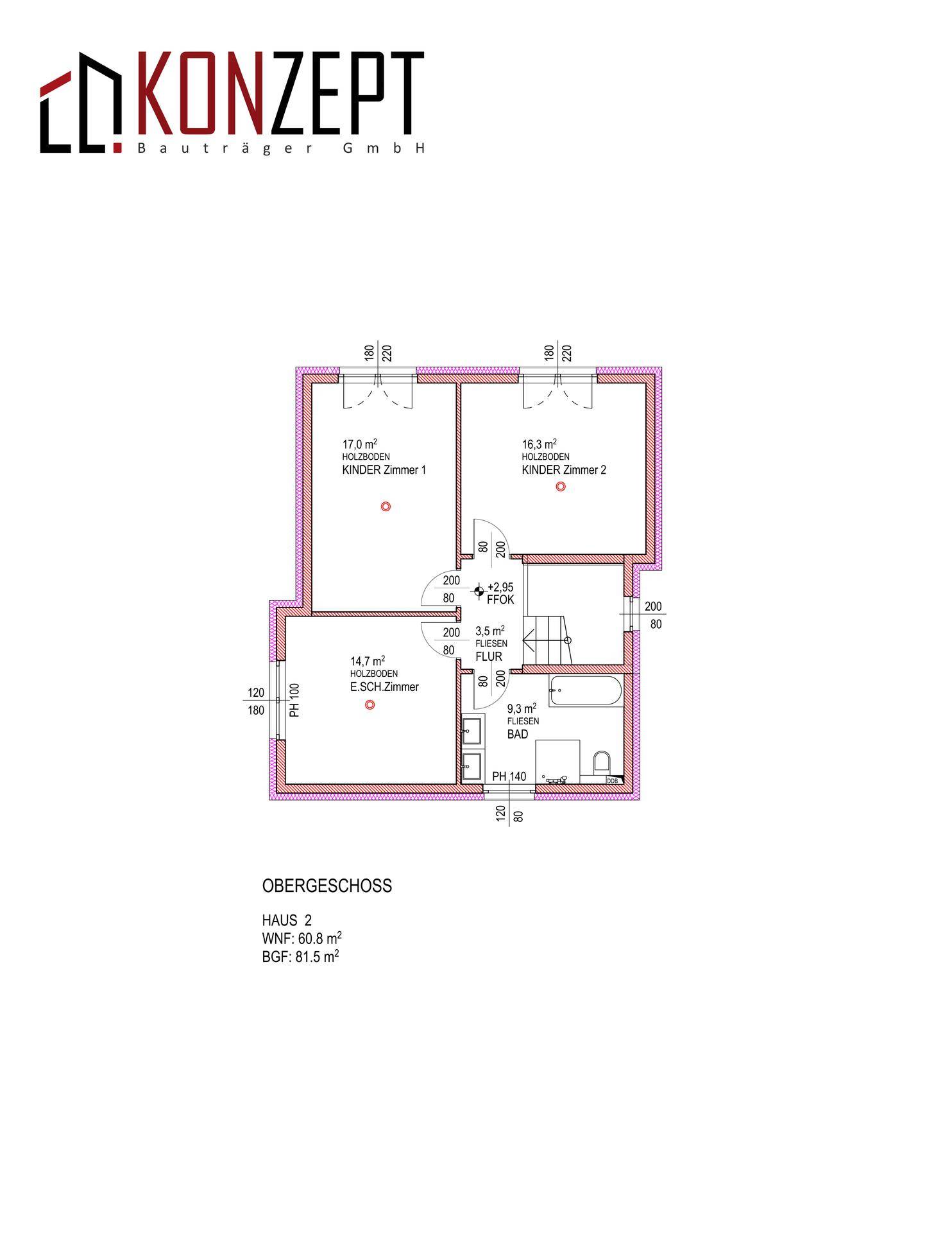 Grundriss des Obergeschosses von Haus 2 mit drei Schlafzimmern und einem Badezimmer.