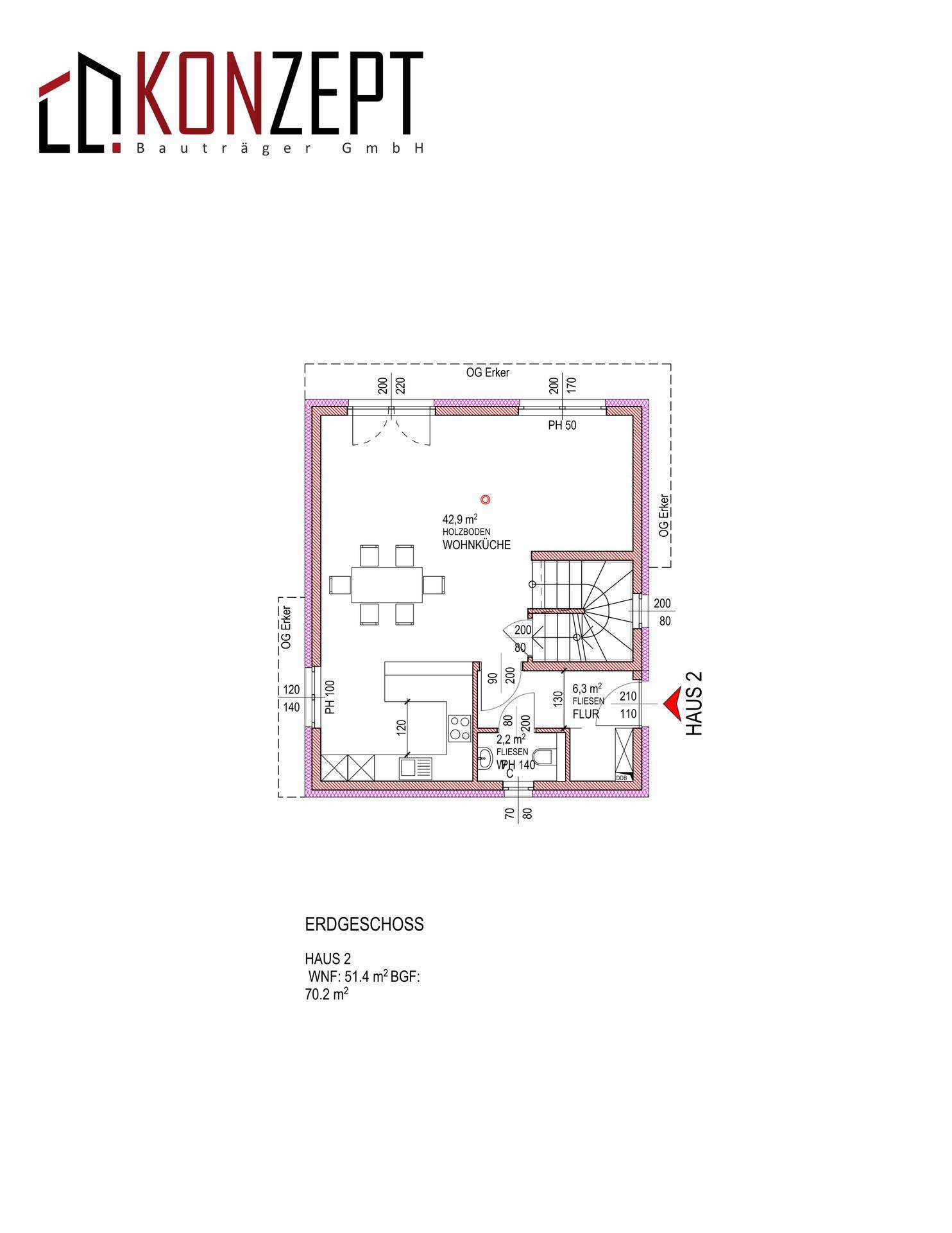 Detaillierter Grundriss des Erdgeschosses von Haus 2 mit großer Wohnküche und WC.