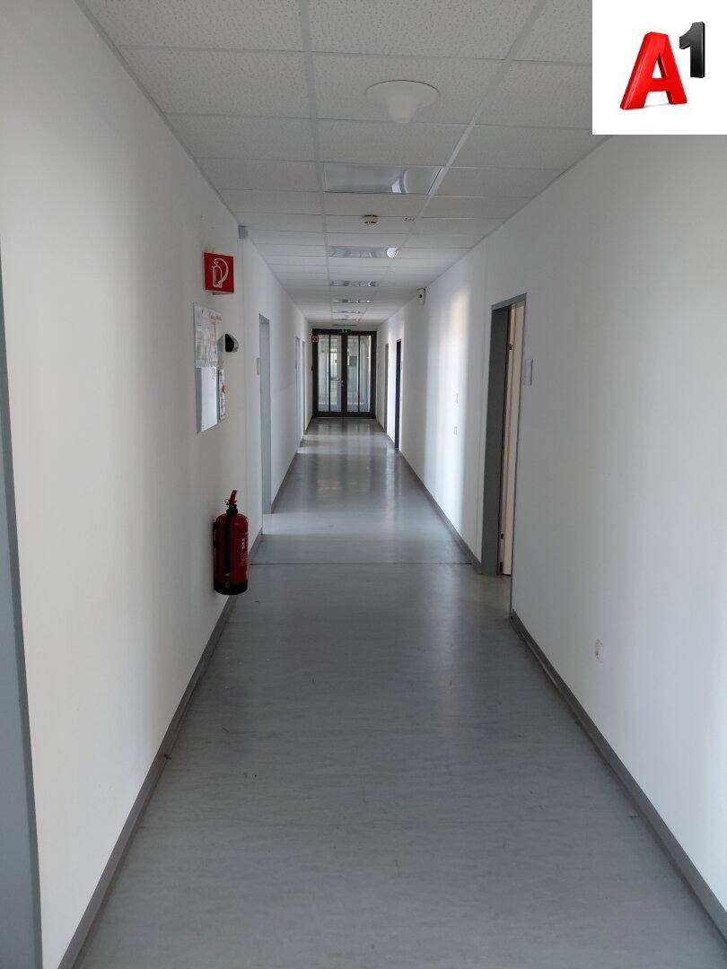 Langer, heller Flur mit weißen Wänden und grauem Boden, der zu weiteren Büros führt.