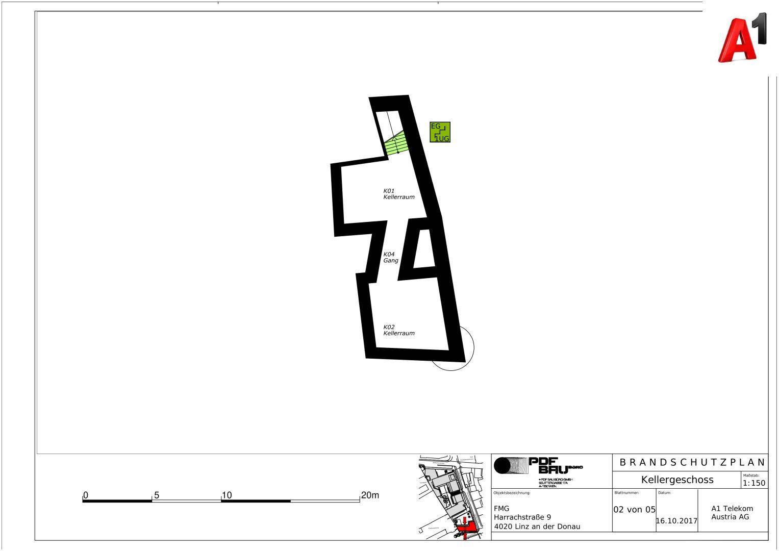 Brandschutzplan des Kellergeschosses mit mehreren Kellerräumen und Treppenaufgang.