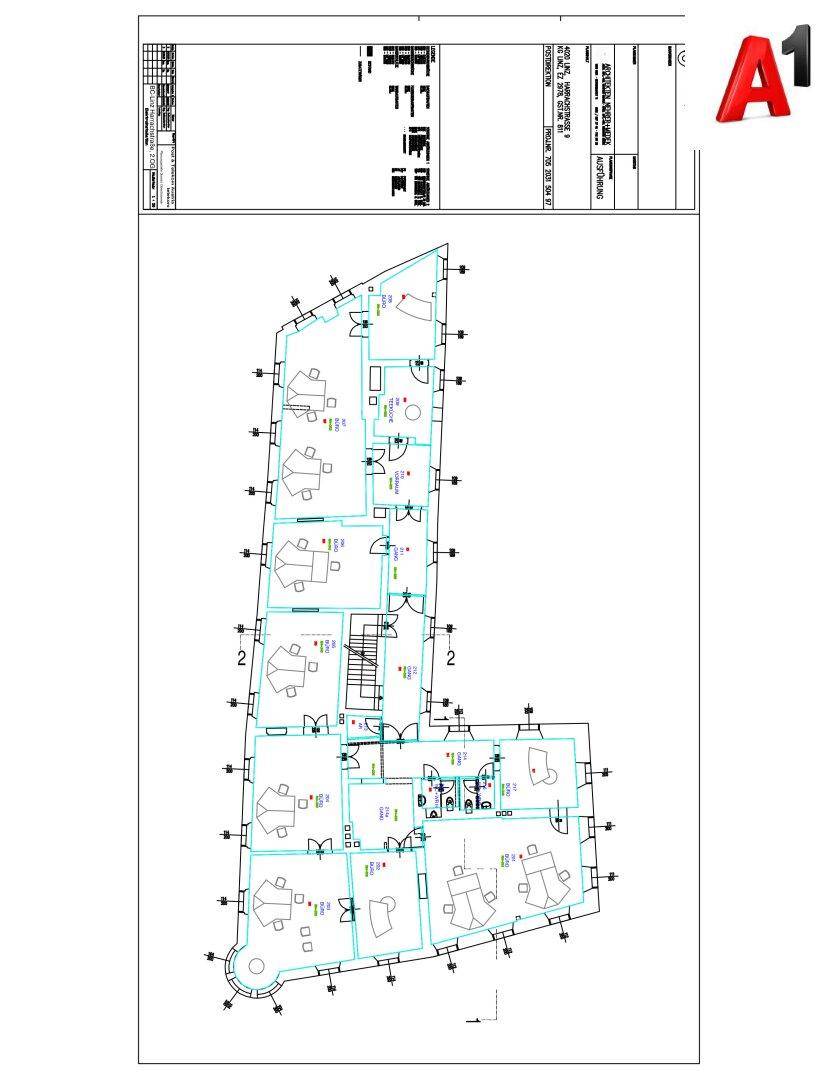 Grundrissplan eines weiteren Obergeschosses, vermutlich mit Büroräumen und klarer Struktur.