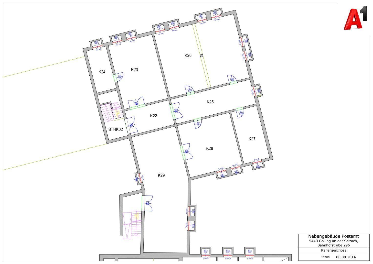 Grundriss des Kellergeschosses mit mehreren Kellerräumen und Treppenhaus.