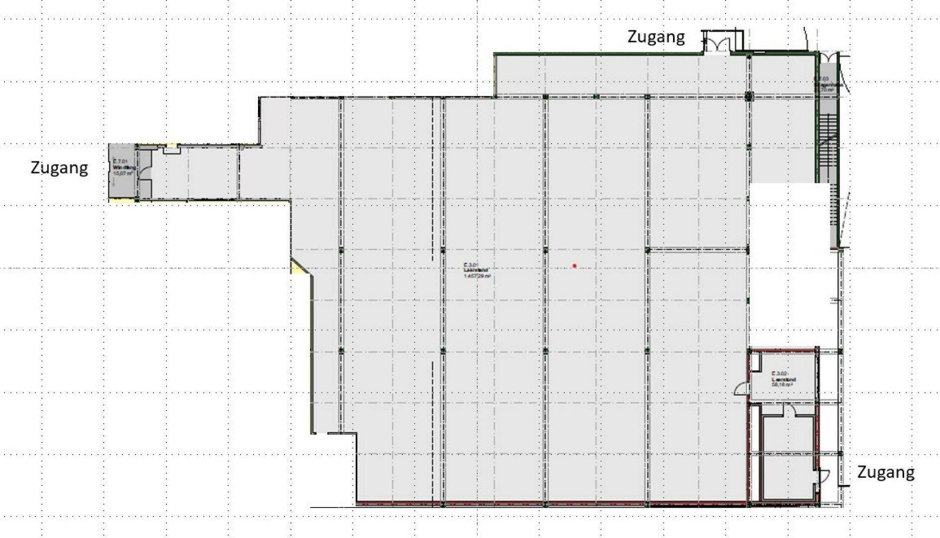 Grundriss eines großen Gewerbebereichs mit mehreren Zugängen und Säulenstruktur.