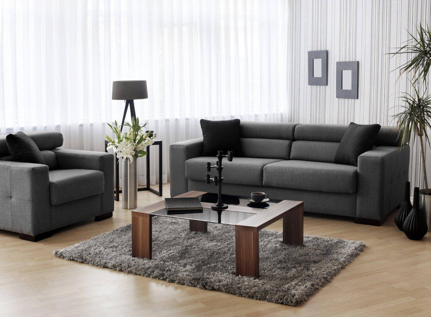 Gemütliches Wohnzimmer mit grauem Sofa, Sessel und modernem Couchtisch auf flauschigem Teppich.