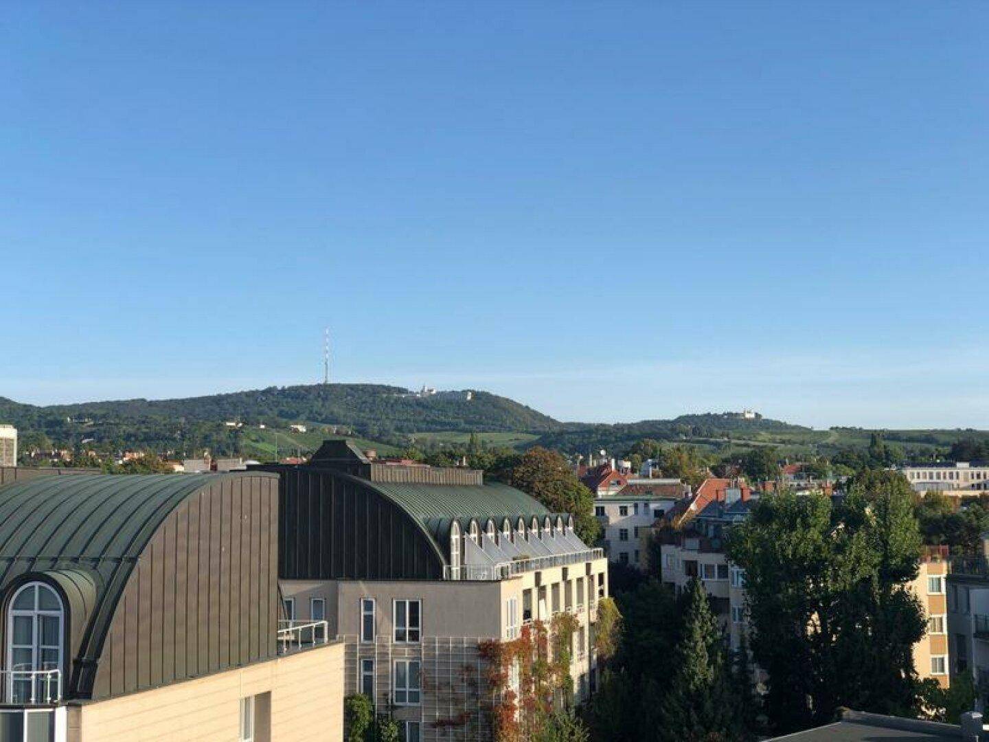 Panoramablick auf die grüne Hügellandschaft und die umliegende Stadt bei klarem Himmel.