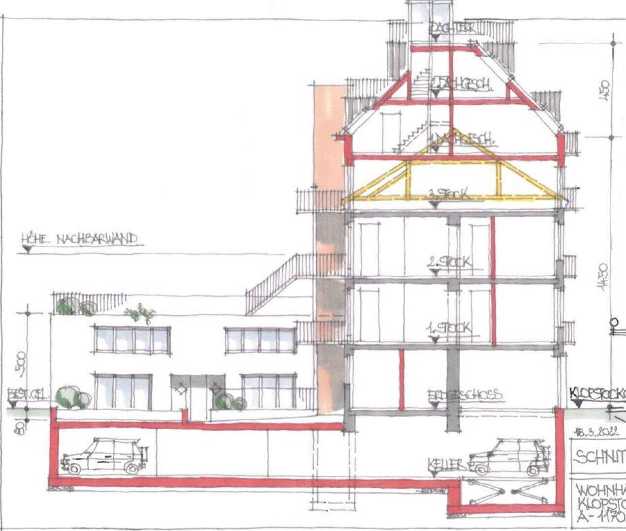 Architektonischer Schnittplan eines Wohngebäudes mit Keller, mehreren Stockwerken und Dachterrasse.